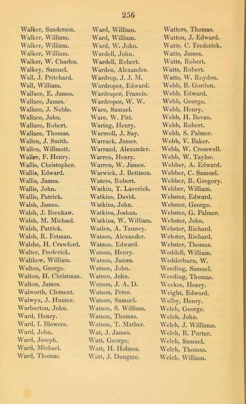 Walker, Sanderson. Walker, William. Walker, William. Walker, William. Walker, W. Charles. Walkey, Samuel. Wall, J. Pritchard. Wall, William. Wallace, E. James. Wallace, James. Wallace, J. Noble. Wallace, John. Wallace, Robert. Wallace, Thomas. Wallen, J. Smith. Wallen, Willmott. Wallpr, F. Henry. Wallis, Christopher. Wallis, Edward. Wallis, James. Wallis, John. Wallis, Patrick. Walsh, James. Walsh, J. Brenhaw. Walsh, M. Michael. Walsh, Patrick. Walsh, R. Fetman. Walshe, H. Crawford. Walter, Frederick. Walthew, William. Walton, George. Walton, H. Christmas. Walton, James. Walworth, Clement. Walwyn, J. Hunter. Warburton, John. Ward, Henry. Ward, I. Blowers. Ward, John. Ward, Joseph. Ward, Michael. Ward, Thomas. Ward, William. Ward, William. Ward, W. John. Wai’dell, John. Wardell, Robert. Warden, Alexander. Wardrop, J. J. M. Wardroper, Edward. Wardroper, Francis. Wardroper, W. W. Ware, Samuel. Ware, W. Pitt. Waring, Henry. Warmoll, J. Say. Warrack, James. Warrand, Alexander. Warren, Henry. Warren, W. James. Warwick, J. Bettison. Waters, Robert. Watkin, T. Laverich. Watkins, David. Watkins, John. Watkins, Joshua. Watkins, W. William. Watlen, A. Tamsey. Watson, Alexander. Watson, Edward. Watson, Henry. Watson, James. Watson, John. Watson, John. Watson, J. A. D. Watson, Peter. Watson, Samuel. Watson, S. William. Watson, Thomas. Watson, T. Mather. Wat, J. James. Watt, George. Watt, H. Holmes. Watt, J. Dungate. Watters, Thomas. Watton, J. Edward. Watts, C. Frederick. Watts, James. Watts, Robert. Watts, Robert. Watts, W. Roydon. Webb, B. Gordon. Webb, Edward. Webb, George. Webb, Henry. Webb, H. Bevan. Webb, Robert. Webb, S. Palmer. Webb, V. Baker. Webb, W. Cresswell. Webb, W. Taylor. Webber, A. Edward. Webber, C. Samuel. Webber, R. Gregory. Webber, William. Webster, Edward. Webster, George. Webster, G. Pdmer. Webster, John. Webster, Richard. Webster, Richard. Webster, Thomas. Weddell, William. Wedderburn, W. Weeding, Samuel. Weeding, Thomas. Weekes, Henry. Weight, Edward. Welby, Henry. Welch, George. Welch, John. Welch, J. Williams. Welch, R. Porter. Welch, Samuel. Welch, Thomas. Welch, William.
