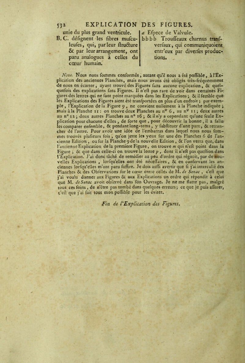 532. EXPLICATION unie du plus grand ventricule. B. C. défignent les fibres mufcu- leufes, qui, parleur ftrudure & par leur arrangement, ont paru analogues à celles du cœur humain. DES FIGURES. a Efpece de Valvule, bbbb Trouffeaux charnus tranf- verfaux, qui communiquoient entr’eux par diverfes produc- tions. „ Nota. Nous nous fommes conformés , autant qu’il nous a été poflible, à l’Ex- plication des anciennes Planches, mais nous avons été obligés très-fréquemment de nous en écarter , ayant trouvé des Figures fans aucune explication, & quel- quefois des explications fans Figures. Il n’efl pas rare de voir dans certaines Fi-, gures des lettres qui ne font point marquées dans les Explications ; & ilfemble que les Explications des Figures aient été tranlportées en plus d’un endroit ; par exem- ple , l’Explication de la Figure 9 , ne convient nullement à la Planche indiquée ; mais à la Planche n : on trouve deux Planches au n° 6 , au n9 11; deux autres au n° n; deux autres Planches au n° 16 ; ôc il n’y a cependant qu’une feule Ex- plication pour chacune d’elles , de forte que , pour découvrir la bonne , il a faliu les comparer enfemble, & pendant long-tems, y fubflituer d’une part, 6c retran- cher de l’autre. Pour avoir une idée de l’embarras dans lequel nous nous fom- mes trouvés plufieurs fois , qu’on jette le* yeux fur une des Planches 6 de l’an- cienne Edition , ou fur la Planche 9 de la nouv elle Edition , & l’on verra que, dans l’ancienne Explication de la première Figure, on trouve m qui n’eft point dans la Figure ; & que dans celle-ci on trouve la lettre y , dont ü n’eft pas queftio.n dans l’Explication. J’ai donc tâché de remédier au peu d’ordre qui régncit, par de nou- velles Explications , lorfqu’elles ont été nécessaires , & en conl'ervant les an- ciennes lorfqu’elles m’ont paru fuffire. Je dois aufli avertir que fi j’ai intercallé des Planches & des Observations fur le cœur entte celles de M. de Senac , c’eft que j’ai voulu donner aux Figures ÔC aux Explications un ordre qui répondit à celui que M. de Senac avoit obfervé dans fon Ouvrage. Je ne me flatte pas, malgré tous ces loins , de n’être pas tombé dans quelques erreurs; ce que je puis aflurer, ç’efl: que j’ai fait tout mon poflible pour les éviter. Fin de L'Explication dis Figures.