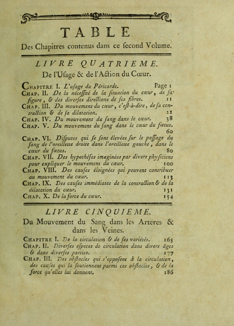 TABLE Des Chapitres contenus dans ce fécond Volume. LIVRE QUATRIEME. De FUfage & de l’Aftion du Cœur. Chapitre I. L’ufage du Péricarde. Page i Ch AP. II. De la nécejfité de la fituation du cœur, de fa.* figure , & des diverfes directions de fies fibres. i r Chap. III. Du mouvement du cœur, céfi-à-dire, de fa con- traction & de fa dilatation. 12 Chap. IV. Du mouvement du fang dans le cœur. 38 Chap. V. Du mouvement du fang dans le cœur du fœtus. 60 Chap. VI. Difputes qui fe font élevées fur le pajfage du fang de Voreillette droite dans l’oreillette gauche 3 dans le cœur du fœtus. 80 Chap. VII. Des hypothéjes imaginéespar diversphy^f’ciens pour expliquer le mouvement du cœur. 100 ChaP. VIII. Des caufes éloignées qui peuvent contribuer au mouvement du cœur. 1 13 CHAP. IX. Des caufes immédiates de la contraclion & de la dilatation du cœur. 1 3 I Chap. X. De la force du cœur. 154 LIVRE CINQUIEME. Du Mouvement du Sang dans les Arteres & dans les Veines. Chapitre I. De la circulation & de fes variétés. 165 Chap. II. Diverjes efpeces de circulation dans divers âges & dans diverfes parties. 1 77 Chap. III. Des obfiacles qui s’oppofent à la circulation, des causes qui la foutiennent parmi ces obfiacles? & de la force qu elles lui donnent. 18 6