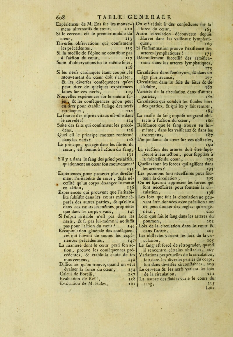 Expériences de M. Ens fur les mouve- mens alternatifs du cœur, 110 Si le cerveau eft le premier mobile du cœur, 113 Diverfes obfervations qui confirment les précédentes, 115 Si la moelle de l’épine ne contribue pas à l’aélion du cœur, 117 Suite d’obfervations fur le même fujet, 118 Si les nerfs cardiaques étant coupés , le mouvement du cœur doit s’arrêter, & les diverfes conféquences qu’on peut tirer de quelques expériences faites fur ces nerfs, 119 Nouvelles expériences fur le même fu- jet. x &. les conféquences qu’on peut en tirer pour établir l’ufage des nerfs cardiaques , 122 La fource des efprits vitaux eft-elle dans le cervelet? 124 Suite des faits qui confirment les précé- dens, 126 Quel eft le principe moteur renfermé dans les nerfs ? 128 Le principe , qui agit dans les fibres du cœur, eft fournis à l’attion du fang, . . 131 S’il y a dans le fang des principes aéfifs, qui donnent au cœur fon mouvement ? _ , . *35 Expériences pour prouver plus direéte- ment l’irritabilité du cœur , &ila né- m ceflité qu’un corps étranger le mette en aélion, 136 Expériences qui prouvent que l’irritabi- lité fubfifte dans les cœurs même fé- parés des autres parties , & qu’elle a dans ces cœurs les mêmes propriétés que dans les corps vivans, 141 Si l’efprit irritable n’eft pas dans les nerfs, & fi par lui-même il ne fuffit pas pour l’aétion du cœur ? 144 Récapitulation générale des conféquen- ces qui fuivent de toutes les expé- riences précédentes, 147' La maniéré dont le cœur perd fon ac- tion , prouve les conféquences pré- cédentes , & établit la caufe de fes mouvemens , 150 Difficultés qu’on trouve, quand on veut évaluer la force du cœur, 154 Calcul de Borelli, 157 Evaluation de Keill, 158 Evaluation de M. Haies, 161 j On eft réduit à des conjeélures fur la force du cœur, 163 Autre circulation découverte depuis Harvei dans les vaifleaux lymphati- ques , 169 Si l’inflammation prouve l’exiftence des arteres lymphatiques ? 173 Décroiflement fucceffif des ramifica- tions dans les arteres lymphatiques, , . *75 Circulation dans l’embryon, & dans un âge plus avancé, 177 Circulation dans le foie du fétus & de l’adulte, 180 Variétés de la circulation dans d’autres parties, 182 Circulation qui conduit les fluides hors des parties, & qui les y fait rentrer, 184 La maflfe du fang oppofe un grand obf- tacle à l’aélion du cœur, 186 Réfiftance que le fang trouve en lui- même , dans les vaifleaux & dans les frotemens, 187 L’im^uiflance du cœur fur ces obftacles, 190 La réaélion des arteres doit être fupé- rieure à leur aftion , pour fuppléer à la foiblefle du cœur , 191 Quelles font les forces qui agiflent dans les arteres ? 193 Les poumons font néceflaires pour fou- tenir la circulation , 195 On ne fçauroit apprécier les forces qui font néceflaires pour foutenir la cir- culation, 198 Les loix que fuit la circulation ne peu- vent être données avec précifion : on ne peut donner des régies qu’en gé- néral , 200 Loix que fuit le fang dans les arteres du poumon, 201 Loix de la circulation dans le cœur & dans l’aorte , 203 Les obftacles varient les loix de la cir- culation , 205 Le fang eft forcé de rétrograder, quand il rencontre cèrtains obftacles, 207 Variations perpétuelles de la circulation, foit dans les diverfes parties du corps, ioit dans diverfes circonftahces , 209 Le cerveau & les nerfs varient les loix de la circulation, 211 La nature des fluides varie le cours du ûng, T**J Loix