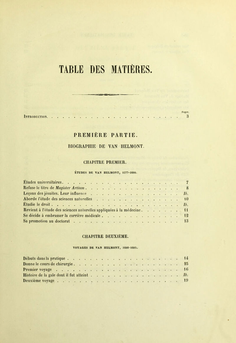 TABLE DES MATIÈRES Pages. Introduction 3 PREMIÈRE PARTIE. BIOGRAPHIE DE VAN HELMONT. CHAPITRE PREMIER. érUDES DE VAN HELMONT, 1577-1600. Éludes universitaires 7 Refuse le lilre de Magüter Artium 8 Leçons des jésuites. Leur inlluenre }b. Aborde l’étude des sciences naliirelles 10 Étudie le droit Ib. Revient à l’élude des sciences nalnrelles appliquées à la médecine il Se décide à embrasser la carrière médicale 12 Sa promotion au doctorat 13 CHAPITRE DEUXIÈME. VOYAGES DE VAN HELMONT, 1600-1605. Débuts dans la pratique 14 Donne le cours de chirurgie 15 Premier voyage 16 Histoire de la gale dont il fut atteint Ib. Deuxième voyage 19