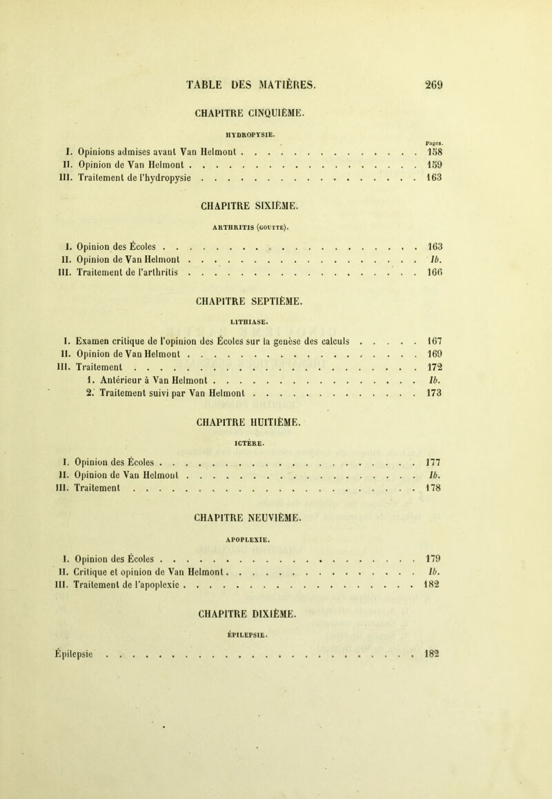 CHAPITRE CINQUIÈME. HYDROPYSIE. Fages. I. Opinions admises avant Van Helmont 158 II. Opinion de Van Helmont 159 III. Traitement de l’hydropysie 163 CHAPITRE SIXIEME. ARTHRITIS (goutte). I. Opinion des Écoles . 163 II. Opinion de Van Helmont Ib. III. Traitement de l’arthritis 166 CHAPITRE SEPTIÈME. LITHIASE. I. Examen critique de l’opinion des Écoles sur la genèse des calculs 167 II. Opinion de Van Helmont 169 111. Traitement 172 1. Antérieur à Van Helmont Ib. 2. Traitement suivi par Van Helmont 173 CHAPITRE HUITIÈME. ICTÈRE. I. Opinion des Écoles 177 II. Opinion de Van Helmont Ib. III. Traitement 178 CHAPITRE NEUVIÈME. APOPLEXIE. I. Opinion des Écoles 179 II. Critique et opinion de Van Helmont Ib. III. Traitement de l’apoplexie 182 CHAPITRE DIXIÈME. ÉPILEPSIE. Épilepsie 182