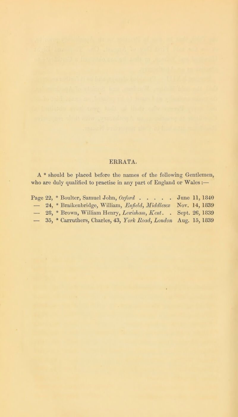 ERRATA. A * should be placed before the names of the following Gentlemen, who are duly qualified to pi'actise in any part of England or Wales:— Page 22, * Boulter, Samuel John, Oxford — 24, * Braikenbridge, William, Enfield, Middlesex — 28, * Brown, William Henry, Leirisham, Kent. . — 35, * Carruthers, Charles, 43, York Road, London June 11, 1840 Nov. 14, 1839 Sept. 26, 1839 Aug. 15, 1839