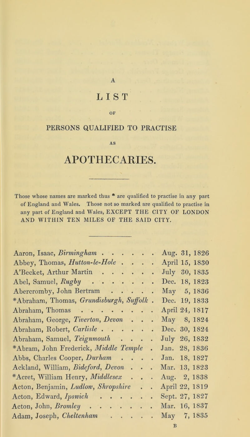 A LIST OF PERSONS QUALIFIED TO PRACTISE AS APOTHECARIES. Those whose names are marked thus * are qualified to practise in any part of England and Wales. Those not so marked are qualified to practise in any part of England and Wales, EXCEPT THE CITY OF LONDON AND WITHIN TEN MILES OF THE SAID CITY. Aaron, Isaac, Birmingham Aug. 31, 1826 Abbey, Thomas, Hutton-le-Hole .... April 15, 1830 A’Becket, Arthur Martin July 30, 1835 Abel, Samuel, Rugby Dec. 18, 1823 Abercromby, John Bertram May 5, 1836 * Abraham, Thomas, Grundisburgh, Suffolk . Dec. 19, 1833 Abraham, Thomas April 24, 1817 Abraham, George, Tiverton, Devon . . . May 8, 1824 Abraham, Robert, Carlisle Dec. 30, 1824 Abraham, Samuel, Teignmouth .... July 26, 1832 * Abram, John Frederick, Middle Temple . Jan. 28, 1836 Abbs, Charles Cooper, Durham .... Jan. 18, 1827 Ackland, William, Bideford, Devon . . . Mar. 13, 1823 *Acret, William Henry, Middlesex . . . Aug. 2, 1838 Acton, Benjamin, Ludlow, Shropshire . . April 22, 1819 Acton, Edward, Ipswich Sept. 27, 1827 Acton, John, Bromley Mar. 16, 1837 Adam, Joseph, Cheltenham May 7, 1835 B