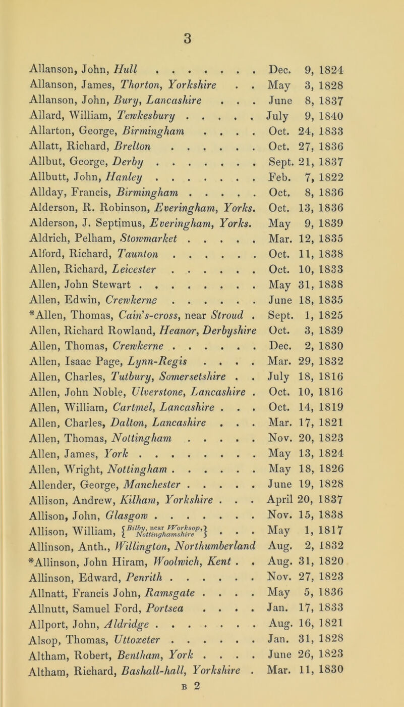 Allanson, John, Hull Allanson, James, Thorton, Yorkshire Allanson, John, Bury, Lancashire Allard, William, Tewkesbury Allarton, George, Birmingham . Allatt, Richard, Brelton Allbut, George, Derby Allbutt, John, Hanley Allday, Francis, Birmingham Alderson, R. Robinson, Everingham, Yorks. Alderson, J. Septimus, Everingham, Yorks. Aldrich, Pelham, Stowmarlcet Alford, Richard, Taunton Allen, Richard, Leicester Allen, John Stewart Allen, Edwin, Crewkerne * Allen, Thomas, Cain s-cross, near Stroud . Allen, Richard Rowland, ILeanor, Derbyshire Allen, Thomas, Crewkerne Allen, Isaac Page, Lynn-Regis .... Allen, Charles, Tutbury, Somersetshire . Allen, John Noble, Ulverstone, Lancashire . Allen, William, Cartmel, Lancashire . . . Allen, Charles, Dalton, Lancashire Allen, Thomas, Nottingham Allen, James, York Allen, Wright, Nottingham Allender, George, Manchester Allison, Andrew, Kilham, Yorkshire . Allison, John, Glasgow Allison, William, . • • Allinson, Anth., Willington, Northumberland * Allinson, John Hiram, Woolwich, Kent . . Allinson, Edward, Penrith Allnatt, Francis John, Ramsgate .... Allnutt, Samuel Ford, Portsea .... Allport, John, Aldridge Alsop, Thomas, Uttoxeter Altham, Robert, Bentham, York . . . . Altham, Richard, Bashall-hall, Yorkshire . b 2 Dec. 9, 1824 May 3, 1828 June 8, 1837 July 9, 1840 Oct. 24, 1833 Oct. 27, 1836 Sept. 21, 1837 Feb. 7, 1822 Oct. 8, 1836 Oct. 13, 1836 May 9, 1839 Mar. 12, 1835 Oct. 11, 1838 Oct. 10, 1833 May 31, 1838 June 18, 1835 Sept. 1, 1825 Oct. 3, 1839 Dec. 2, 1830 Mar. 29, 1832 July 18, 1816 Oct. 10, 1816 Oct. 14, 1819 Mar. 17, 1821 Nov. 20, 1823 May 13, 1824 May 18, 1826 June 19, 1828 April 20, 1837 Nov. 15, 1838 May 1, 1817 Aug. 2, 1832 Aug. 31, 1820 Nov. 27, 1823 May 5, 1836 Jan. 17, 1833 Aug. 16, 1821 Jan. 31, 1828 June 26, 1823 Mar. 11, 1830