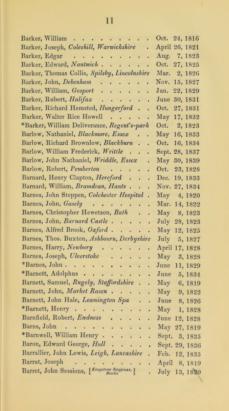 Barker, William Barker, Joseph, Coleshill, Warwickshire Barker, Edgar Barker, Edward, Nantwich Barker, Thomas Collis, Spilsby, Lincolnshire Barker, John, Debenham Barker, William, Gosport Barker, Robert, Halifax Barker, Richard Hemsted, ILungerford . Barker, Walter Rice Howell ^Barker, William Deliverance, Regent’s-park Barlow, Nathaniel, Blackmore, Essex Barlow, Richard Brownlow, Blackburn . Barlow, William Frederick, Writtle . Barlow, John Nathaniel, Wriddle, Essex Barlow, Robert, Pemberton Barnard, Henry Clapton, Hereford Barnard, William, Bramdean, Hants . Barnes, John Steppen, Colchester Hospital . Barnes, John, Gasely Barnes, Christopher Hewetson, Bath Barnes, John, Barnard Castle Barnes, Alfred Brook, Oxford Barnes, Thos. Buxton, Ashbourn, Derbyshire Barnes, Harry, Newbury Barnes, Joseph, Ulverstoke *Barnes, John ^Barnett, Adolphus Barnett, Samuel, Rugely, Staffordshire . Barnett, John, Market Rasen Barnett, John Hale, Leamington Spa *Barnett, Henrv Barnfield, Robert, Ewdness Barns, John ^Barnwell, William Henry Baron, Edward George, Hull Barrallier, John Lewis, Leigh, Ljancashire . Barrat, Joseph Barret, John Sessions, £*&«**> J Oct. 24, 1816 April 26, 1821 Aug. 7, 1823 Oct. 27, 1825 Mar. 2, 1826 Nov. 15, 1827 Jan. 22, 1829 June 30, 1831 Oct. 27, 1831 May 17, 1832 Oct. 2, 1823 May 16, 1833 Oct. 16, 1834 Sept. 28, 1837 May 30, 1839 Oct. 23, 1828 Dec. 19, 1833 Nov. 27, 1834 May 4, 1820 Mar. 14, 1822 May 8, 1823 July 28, 1823 May 12, 1825 July 5, 1827 April 17, 1828 May 3, 1828 June 11, 1829 June 5, 1834 May 6, 1819 May 9, 1822 June 8, 1826 May 1, 1828 June 12, 1828 May 27, 1819 Sept. 3, 1835 Sept. 29, 1836 Feb. 12, 1835 April 8, 1819 July 13, 1820