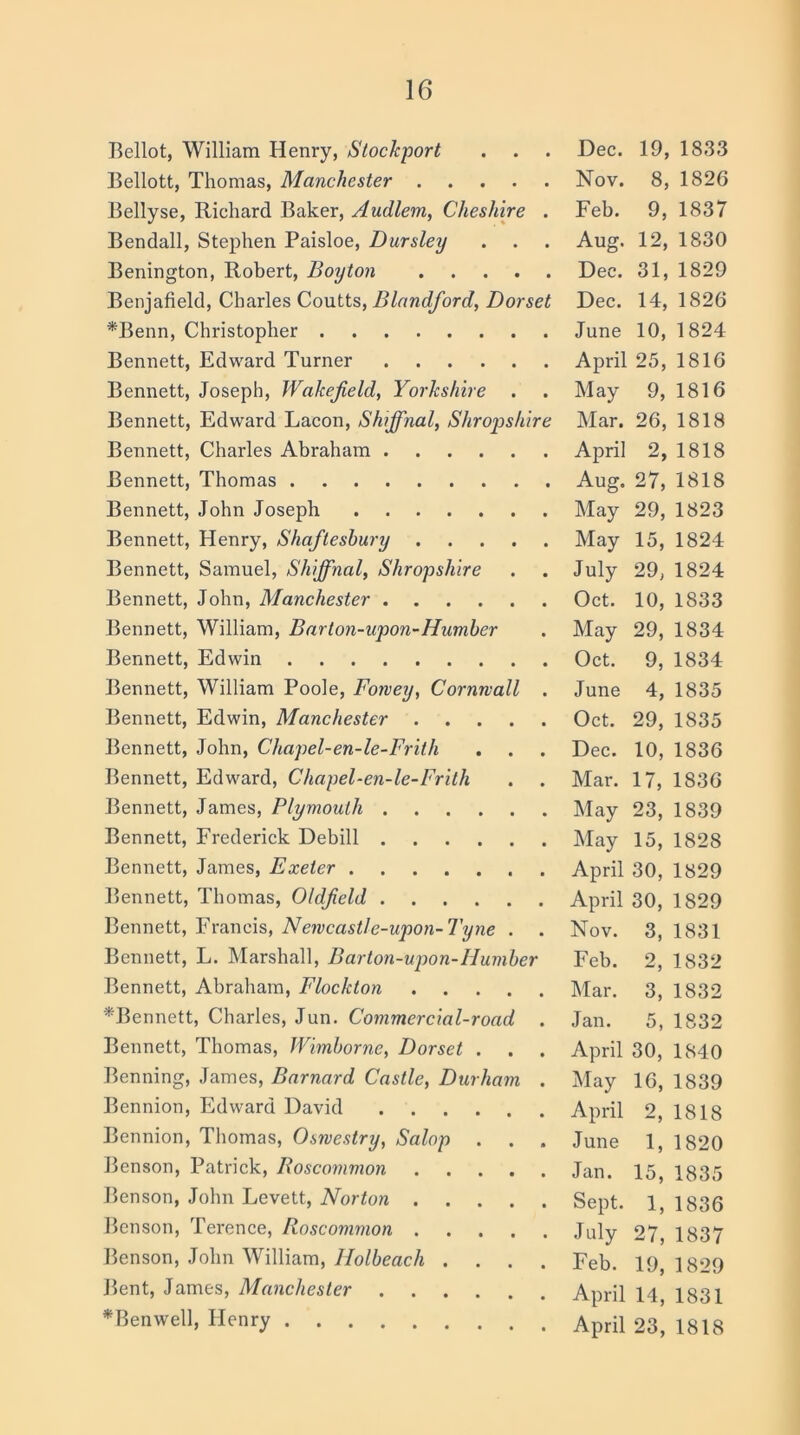 Bellot, William Henry, Stockport . . . Bellott, Thomas, Manchester Bellyse, Richard Baker, Audlem, Cheshire . Bendall, Stephen Paisloe, Dursley Benington, Robert, Boyton Benjafield, Charles Coutts, Blandford, Dorset *Benn, Christopher Bennett, Edward Turner Bennett, Joseph, Wakefield, Yorkshire . Bennett, Edward Lacon, Shiffnal, Shropshire Bennett, Charles Abraham Bennett, Thomas Bennett, John Joseph Bennett, Henry, Shafitesbury Bennett, Samuel, Shiffnal, Shropshire Bennett, John, Manchester Bennett, William, Barton-upon-Humber Bennett, Edwin Bennett, William Poole, Forvey, Cornwall . Bennett, Edwin, Manchester Bennett, John, Chapel-en-le-Frith Bennett, Edward, Chapel-en-le-Frith Bennett, James, Plymouth Bennett, Frederick Debill Bennett, James, Exeter Bennett, Thomas, Oldfield Bennett, Francis, Newcastle-upon-Tyne . . Bennett, L. Marshall, Barton-upon-1 I umber Bennett, Abraham, Flockton *Bennett, Charles, Jun. Commercial-road . Bennett, Thomas, Wimborne, Dorset . Benning, James, Barnard Castle, Durham . Bennion, Edward David Bennion, Thomas, Oswestry, Salop . . . Benson, Patrick, Roscommon Benson, John Levett, Norton Benson, Terence, Roscommon Benson, John William, Holbeach .... Bent, James, Manchester *Benwell, Henry Dec. 19, 1833 Nov. 8, 1826 Feb. 9, 1837 Aug. 12, 1830 Dec. 31, 1829 Dec. 14, 1826 June 10, 1824 April 25, 1816 May 9, 1816 Mar. 26, 1818 April 2, 1818 Aug. 27, 1818 May 29, 1823 May 15, 1824 July 29, 1824 Oct. 10, 1833 May 29, 1834 Oct. 9, 1834 June 4, 1835 Oct. 29, 1835 Dec. 10, 1836 Mar. 17, 1836 May 23, 1839 May 15, 1828 April 30, 1829 April 30, 1829 Nov. 3, 1831 Feb. 2, 1832 Mar. 3, 1832 Jan. 5, 1832 April 30, 1840 May 16, 1839 April 2, 1818 June 1, 1820 Jan. 15, 1835 Sept. 1, 1836 July 27, 1837 Feb. 19, 1829 April 14, 1831 April 23, 1818