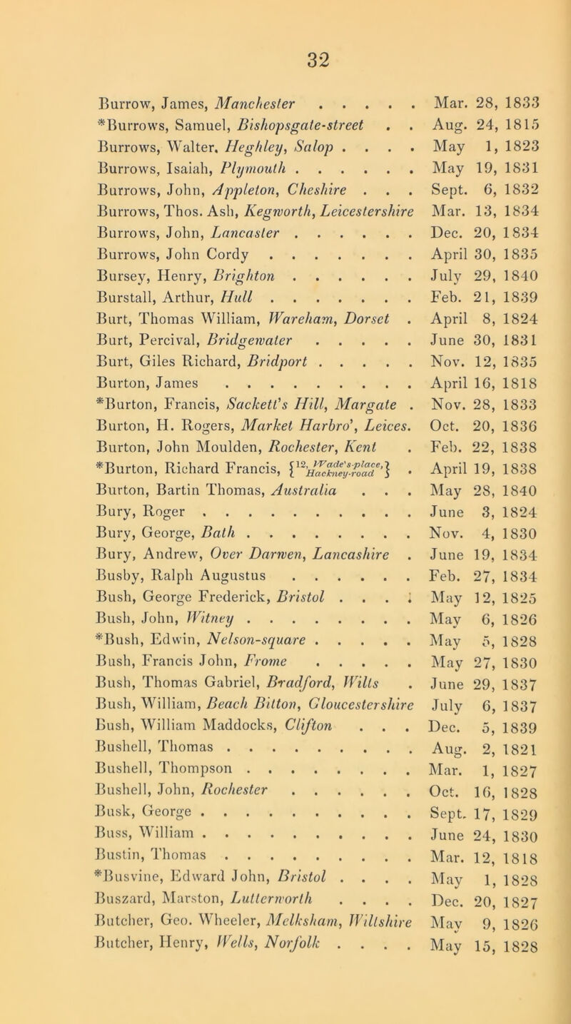 Burrow, James, Manchester Mar. 28, 1833 ^Burrows, Samuel, Bishopsgate-street . . Aug. 24, 1815 Burrows, Walter. Heghley, Salop .... May 1, 1823 Burrows, Isaiah, Plymouth May 19, 1831 Burrows, John, Appleton, Cheshire . . . Sept. 6, 1832 Burrows, Thos. Ash, Kegmorth, Leicestershire Mar. 13, 1834 Burrows, John, Lancaster Dec. 20, 1834 Burrows, John Cordy April 30, 1835 Bursey, Henry, Brighton July 29, 1840 Burstall, Arthur, Hull Feb. 21, 1839 Burt, Thomas William, Wareham, Dorset . April 8, 1824 Burt, Percival, Bridgewater June 30, 1831 Burt, Giles Richard, Bridport Nov. 12, 1835 Burton, James April 16, 1818 *Burton, Francis, Sackett's Hill, Margate . Nov. 28, 1833 Burton, Id. Rogers, Market Harbro\ Leices. Oct. 20, 1836 Burton, John Moulden, Rochester, Kent . Feb. 22, 1838 *Burton, Richard Francis, . April 19, 1838 Burton, Bartin Thomas, Australia . . . May 28, 1840 Bury, Roger June 3, 1824 Bury, George, Bath Nov. 4, 1830 Bury, Andrew, Over Darwen, Lancashire . June 19, 1834 Busby, Ralph Augustus Feb. 27, 1834 Bush, George Frederick, Bristol . . . ; May 12,1825 Bush, John, Witney May 6, 1826 *Bush, Edwin, Nelson-square May 5, 1828 Bush, Francis John, Frome May 27, 1830 Bush, Thomas Gabriel, Bradford, Wills . June 29, 1837 Bush, William, Beach Bitton, Gloucestershire July 6,1837 Bush, William Maddocks, Clifton . . . Dec. 5, 1839 Bushell, Thomas Aug. 2, 1821 Bushell, Thompson Mar. 1, 1827 Bushell, John, Rochester Oct. 16, 1828 Busk, George Sept. 17, 1829 Buss, William June 24, 1830 Bustin, Thomas Mar. 12, 1818 *Busvine, Edward John, Bristol .... May 1, 1828 Buszard, Marston, Lutterworth .... Dec. 20, 1827 Butcher, Geo. Wheeler, Mclksharn, Wiltshire Mav 9, 1826 Butcher, Henry, Wells, Norfolk .... May 15, 1828