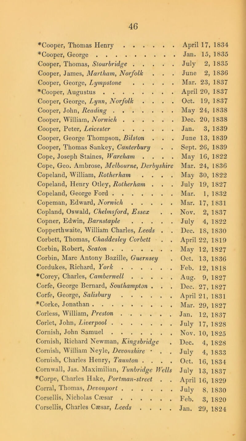 *Cooper, Thomas Henry *Cooper, George Cooper, Thomas, Stourbridge Cooper, James, Martham, Norfolk Cooper, George, Lympstone *Cooper, Augustus Cooper, George, Lynn, Norfolk . Cooper, John, Reading Cooper, William, Norwich Cooper, Peter, Leicester Cooper, George Thompson, Bilslon Cooper, Thomas Sankey, Canterbury Cope, Joseph Staines, Wareham . Cope, Geo. Ambrose, Melbourne, Derbyshire Copeland, William, Rotherham . Copeland, Henry Otley, Rotherham . Copeland, George Ford Copeman, Edward, Norwich Copland, Oswald, Chelmsford, Essex Copner, Edwin, Barnstaple Copperthwaite, William Charles, Leeds . Corbett, Thomas, Cliaddesley Corbett Corbin, Robert, Seaton Corbin, Marc Antony Bazille, Guernsey Cordukes, Richard, York *Corey, Charles, Camberwell Corfe, George Bernard, Southampton . . Corfe, George, Salisbury *Corke, Jonathan Corless, William, Preston Corlet, John, Liverpool Cornish, John Samuel Cornish, Richard Newman, Kingsbridge Cornish, William Neyle, Devonshire • Cornish, Charles Henry, Taunton .... Cornwall, Jas. Maximilian, Tunbridge Wells *Corpe, Charles Hake, Portman-street Corral, Thomas, Devonport Corsellis, Nicholas Caesar Corsellis, Charles Caesar, Leeds .... April 17, 1834 Jan. 15, 1835 July 2, 1835 June 2, 1836 Mar. 23, 1837 April 20, 1837 Oct. 19, 1837 May 24, 1838 Dec. 20, 1838 Jan. 3, 1839 June 13, 1839 Sept. 26, 1839 May 16, 1822 Mar. 24, 1836 May 30, 1822 July 19, 1827 Mar. 1, 1832 Mar. 17, 1831 Nov. 2, 1837 July 4, 1822 Dec. 18, 1830 April 22, 1819 May 12, 1827 Oct. 13, 1836 Feb. 12, 1818 Aug. 9, 1827 Dec. 27, 1827 April 21, 1831 Mar. 29, 1827 Jan. 12, 1837 July 17, 1828 Nov. 10, 1825 Dec. 4, 1828 July 4, 1833 Oct. 16, 1834 July 13, 1837 April 16, 1829 July 8, 1830 Feb. 3, 1820 Jan. 29, 1824