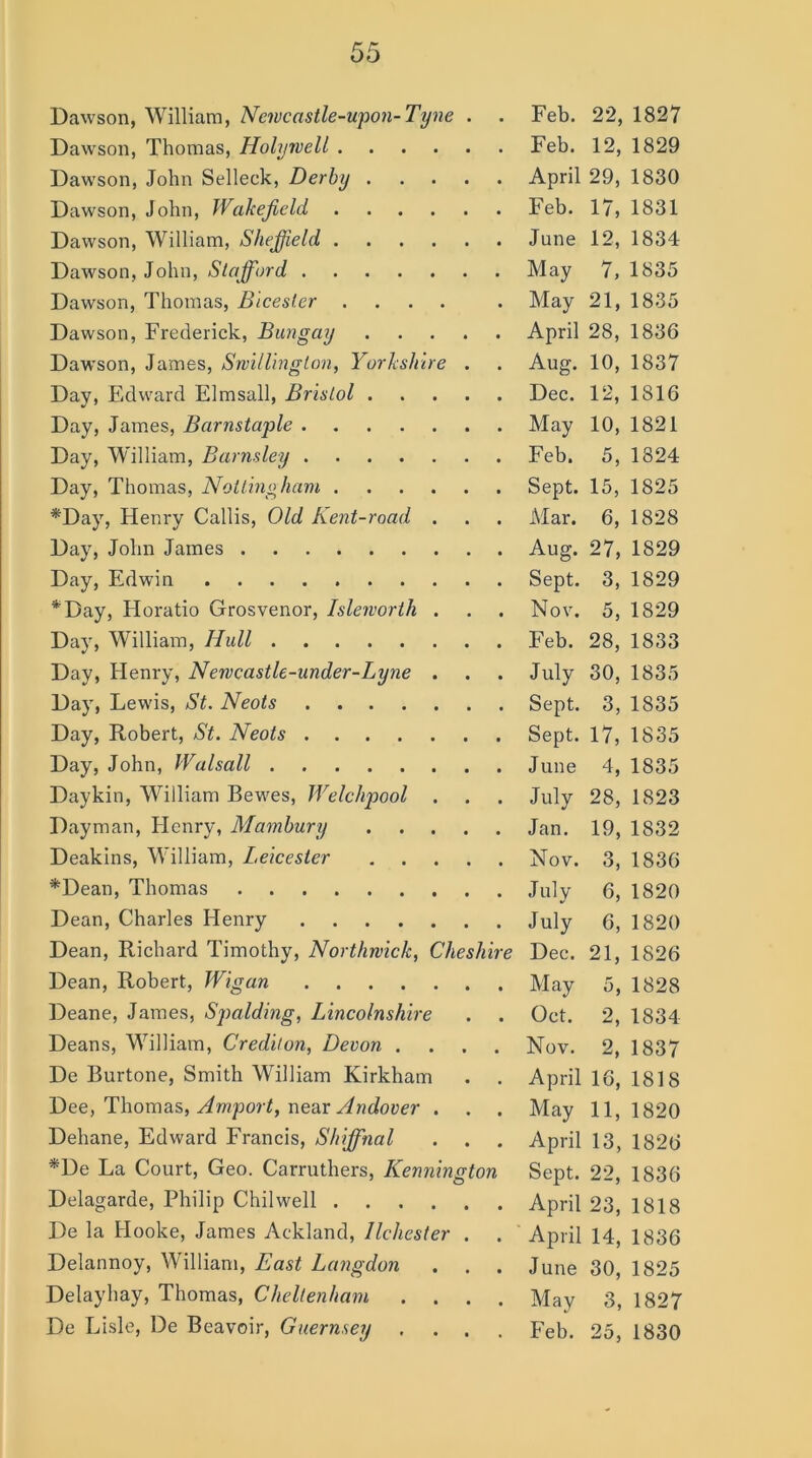 Dawson, William, Newcastle-upon-Tyne . . Dawson, Thomas, Holywell Dawson, John Selleck, Derby Dawson, John, Wakefield Dawson, William, Sheffield Dawson, John, Stafford Dawson, Thomas, Bicester .... Dawson, Frederick, Bungay Dawson, James, Swillinglon, Yorkshire . Day, Edward Elmsall, Bristol Day, James, Barnstaple Day, William, Barnsley Day, Thomas, Nottingham *Day, Henry Callis, Old Kent-road . Day, John James Day, Edwin *Day, Horatio Grosvenor, Isleworth . Day, William, Hull Day, Henry, Newcastle-under-Lyne . Day, Lewis, St. Neots Day, Robert, St. Neots Day, John, Walsall Daykin, William Bewes, Welchpool . Dayman, Henry, Mambury Deakins, William, Leicester *Dean, Thomas Dean, Charles Henry Dean, Richard Timothy, Northwick, Cheshire Dean, Robert, Wigan Deane, James, Spalding, Lincolnshire Deans, William, Credit on, Devon .... De Burtone, Smith William Kirkham Dee, Thomas, Amport, near Andover . Dehane, Edward Francis, Shiffnal *De La Court, Geo. Carruthers, Kenninaton Delagarde, Philip Chilwell De la Hooke, James Ackland, llchester . Delannoy, William, Bast Langdon . . . Delayhay, Thomas, Cheltenham .... De Lisle, De Beavoir, Guernsey , . . . Feb. 22, 1827 Feb. 12, 1829 April 29, 1830 Feb. 17, 1831 June 12, 1834 May 7, 1835 May 21, 1835 April 28, 1836 Aug. 10, 1837 Dec. 12, 1816 May 10, 1821 Feb. 5, 1824 Sept. 15, 1825 Mar. 6, 1828 Aug. 27, 1829 Sept. 3, 1829 Nov. 5, 1829 Feb. 28, 1833 July 30, 1835 Sept. 3, 1835 Sept. 17, 1835 June 4, 1835 July 28, 1823 Jan. 19, 1832 Nov. 3, 1836 July 6, 1820 July 6, 1820 Dec. 21, 1826 May 5, 1828 Oct. 2, 1834 Nov. 2, 1837 April 16, 1818 May 11, 1820 April 13, 1826 Sept. 22, 1836 April 23, 1818 April 14, 1836 June 30, 1825 May 3, 1827 Feb. 25, 1830