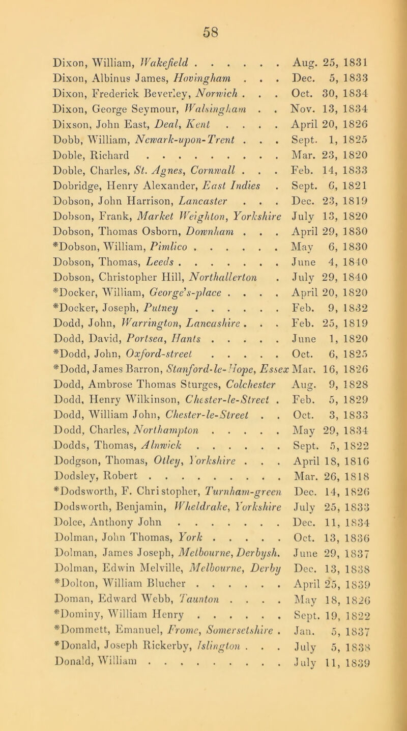 Dixon, William, Wakefield, Aug. 25, 1831 Dixon, Albinus James, Hovingham . . . Dec. 5, 1833 Dixon, Frederick Beverley, Norwich . . . Oct. 30, 1834 Dixon, George Seymour, Waking ham . . Nov. 13, 1834 Dixson, John East, Deal, Kent .... April 20, 1826 Dobb, William, Ncwark-vpon-Trent . . . Sept. 1, 1825 Doble, Richard Mar. 23, 1820 Doble, Charles, St. Agnes, Cornwall . . . Feb. 14, 1833 Dobridge, Henry Alexander, East Indies . Sept. 6, 1821 Dobson, John Harrison, Lancaster . . . Dec. 23, 1810 Dobson, Frank, Market Weigh Lon, Yorkshire July 13, 1820 Dobson, Thomas Osborn, Donnham . . . April 29, 1830 *Dobson, William, Pimlico May 6, 1830 Dobson, Thomas, Leeds June 4, 1840 Dobson, Christopher Hill, Northallerton . July 29, 1840 *Docker, William, George s-place .... April 20, 1820 *Docker, Joseph, Putney Feb. 9, 1832 Dodd, John, Warrington, Lancashire . . . Feb. 25, 1819 Dodd, David, Portsea, Hants June 1, 1820 *Dodd, John, Oxford-street Oct. 6, 1825 *Dodd, James Barron, Stanford-le-Hope, Essex Mar. 16, 1826 Dodd, Ambrose Thomas Sturges, Colchester Aug. 9, 1828 Dodd, Henry Wilkinson, Chcster-le-Street . Feb. 5, 1829 Dodd, William John, Chester-le-Street . . Oct. 3, 1833 Dodd, Charles, Northampton May 29, 1834 Dodds, Thomas, Alnwick Sept. 5, 1822 Dodgson, Thomas, Otley, Yorkshire . . . April 18, 1816 Dodsley, Robert Mar. 26, 1818 *Dodsworth, F. Christopher, Turnham-green Dec. 14, 1826 Dodsworth, Benjamin, Wheldralte, Yorkshire July 25, 1833 Dolce, Anthony John Dec. 11, 1834 Dolman, John Thomas, For/c Oct. 13, 1836 Dolman, James Joseph, Melbourne, Derbysli. June 29, 1837 Dolman, Edwin Melville, Melbourne, Derby Dec. 13, 1838 *Dolton, William Blucher April 25, 1839 Doman, Edward Webb, Taunton .... May 18, 1826 *l)ominy, William Henry Sept. 19, 1822 *Dommett, Emanuel, Frome, Somersetshire . Jan. 5, 1837 * Don aid, Joseph Rickerby, Islington . . . July 5, 1838 Donald, William July 11,1839