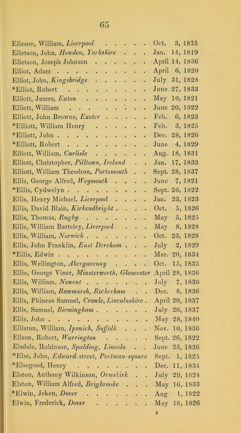 Elleson, William, Liverpool Oct. 3, 1835 Elletson, John, How den, Yorkshire . . . Jan. 14, 1819 Elletson, Joseph Johnson April 14, 1836 Elliot, Adam April 6, 1820 Elliot, John, Kingsbridge July 31,1828 *Elliot, Robert June 27, 1833 Elliott, James, Eaton May 10, 1821 Elliott, William ... ..'... June 20, 1S22 Elliott, John Browne, Exeter Feb. 6, 1823 *Elliott, William Henry Feb. 3, 1825 *Elliott, John Dec. 28, 1826 *Elliott, Robert June 4, 1829 Elliott, William, Carlisle Aug. 18, 1831 Elliott, Christopher, Pilltown, Ireland . . Jan. 17, 1833 Elliott, William Theodore, Portsmouth . . Sept. 28, 1837 Ellis, George Alfred, Weymouth .... June 7, 1821 *Ellis, Cydwelyn Sept. 26, 1822 Ellis, Henry Michael, Liverpool .... Jan. 23, 1823 Ellis, David Blain, Kirkcudbright .... Oct. 5, 1826 Ellis, Thomas, Rugby . . . . . . . May 5, 1825 Ellis, William Barteley, Liverpool . . . May 8, 1828 Ellis, William, Norwich Oct. 23, 1828 Ellis, John Franklin, East Dereliam . . . July 2, 1829 *Ellis, Edwin Mar. 20, 1834 Ellis, Wellington, Abergavenny .... Oct. 15, 1835 Ellis, George Viner, Minsternorth, Gloucester April 28, 1836 Ellis, William, Nenent July 7, 1836 Ellis, William, Rawmarsh, Rotherham . . Dec. 8, 1836 Ellis, Phineas Samuel, Crowle, Lincolnshire . April 20, 1837 Ellis, Samuel, Birmingham July 20, 1837 Ellis, John May 28, 1840 Elliston, William, Ipswich, SuJfolJc . . . Nov. 10, 1836 Ellson, Robert, Warrington Sept. 26, 1822 Elsdale, Robinson, Spalding, Lincoln . . June 23, 1836 *Else, John, Edward-street, Porlman-square Sept. 1, 1825 *Elsegood, Henry Dec. 11, 1834 Elston, Anthony Wilkinson, Ormslcirk . . July 29, 1824 Elston, William Alfred, Brigbrooke . . . May 16, 1833 *Elwin, Jeken, Dover Aug 1, 1822 Elwin, Frederick, Dover May 18, 1826 F