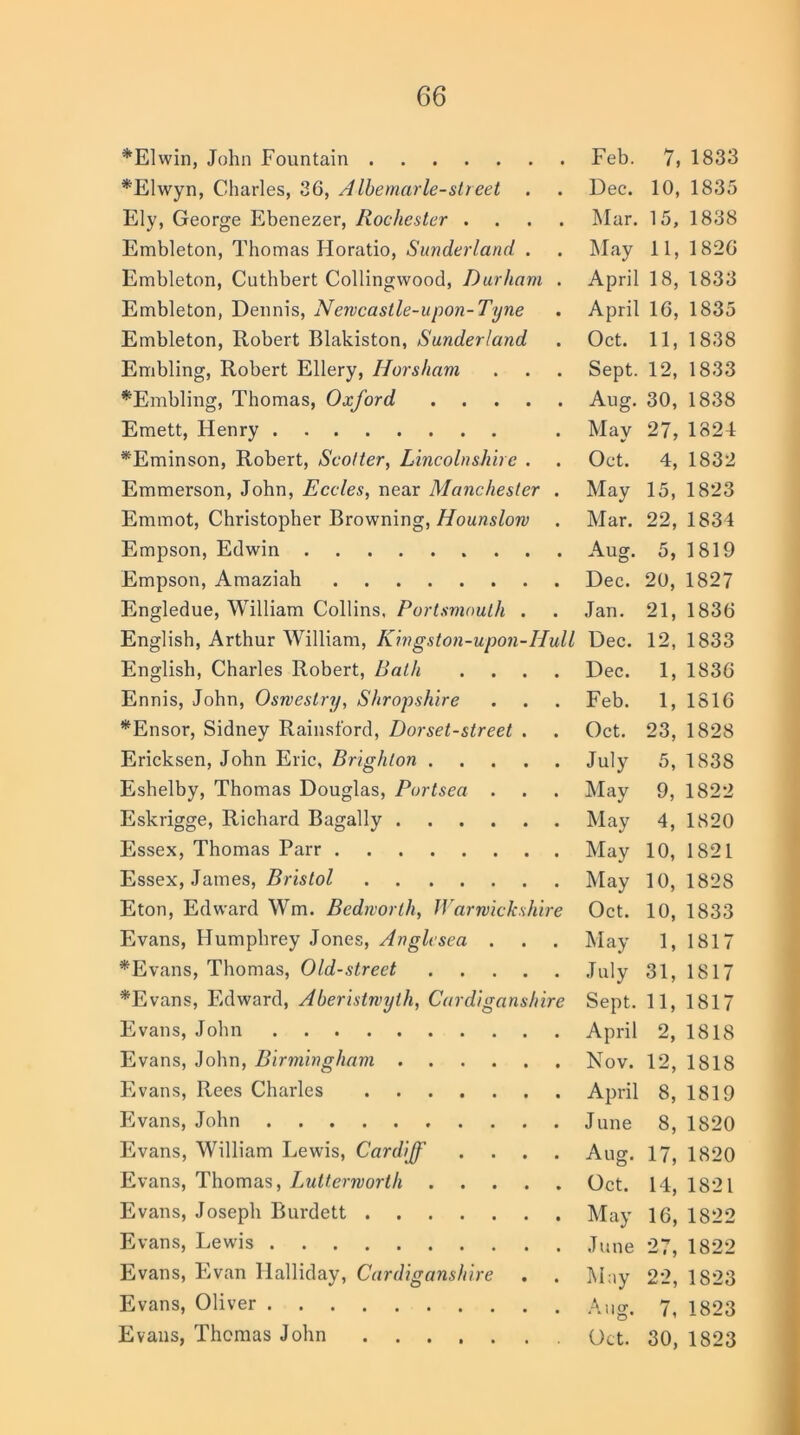 *Elwin, John Fountain Feb. 7, 1833 *Elwyn, Charles, 36, Albemarle-sheet . . Dec. 10, 1835 Ely, George Ebenezer, Rochester .... Mar. 15, 1838 Embleton, Thomas Horatio, Sunderland . . May 11, 1826 Embleton, Cuthbert Collingwood, Durham . April 18, 1833 Embleton, Dennis, Newcastle-upon-Tyne . April 16, 1835 Embleton, Robert Blakiston, Sunderland . Oct. 11, 1838 Embling, Robert Ellery, Horsham . . . Sept. 12, 1833 ^Enabling, Thomas, Oxford Aug. 30, 1838 Emett, Flenry . May 27, 1824 *Eminson, Robert, Scotter, Lincolnshire . . Oct. 4, 1832 Emmerson, John, Eccles, near Manchester . May 15, 1823 Emmot, Christopher Browning, Hounslow . Mar. 22,1834 Empson, Edwin Aug. 5, 1819 Empson, Amaziah Dec. 20, 1827 Engledue, William Collins, Portsmouth . . Jan. 21, 1836 English, Arthur William, Kingston-upon-Hull Dec. 12, 1833 English, Charles Robert, Bath .... Dec. 1, 1836 Ennis, John, Oswestry, Shropshire . . . Feb. 1, 1816 *Ensor, Sidney Rainsford, Dorset-sheet . . Oct. 23, 1828 Ericksen, John Eric, Brighton July 5, 1838 Eshelby, Thomas Douglas, Portsea . . . May 9, 1822 Eskrigge, Richard Bagally May 4, 1820 Essex, Thomas Parr May 10, 1821 Essex, James, Bristol May 10,1828 Eton, Edward Wm. Bedworlh, Warwickshire Oct. 10, 1833 Evans, Humphrey Jones, Anglcsea . . . May 1, 1817 *Evans, Thomas, Old-street July 31, 1817 *Evans, Edward, Aberistwyth, Cardiganshire Sept. 11, 1817 Evans, John April 2, 1818 Evans, John, Birmingham Nov. 12, 1818 Evans, Rees Charles April 8, 1819 Evans, John June 8, 1820 Evans, William Lewis, Cardiff .... Aug. 17, 1820 Evans, Thomas, Lutterworth Oct. 14, 1821 Evans, Joseph Bui'dett May 16, 1822 Evans, Lewis June 27, 1822 Evans, Evan Halliday, Cardiganshire . . May 22, 1823 Evans, Oliver Aug. 7, 1823 Evans, Thomas John Oct. 30, 1823