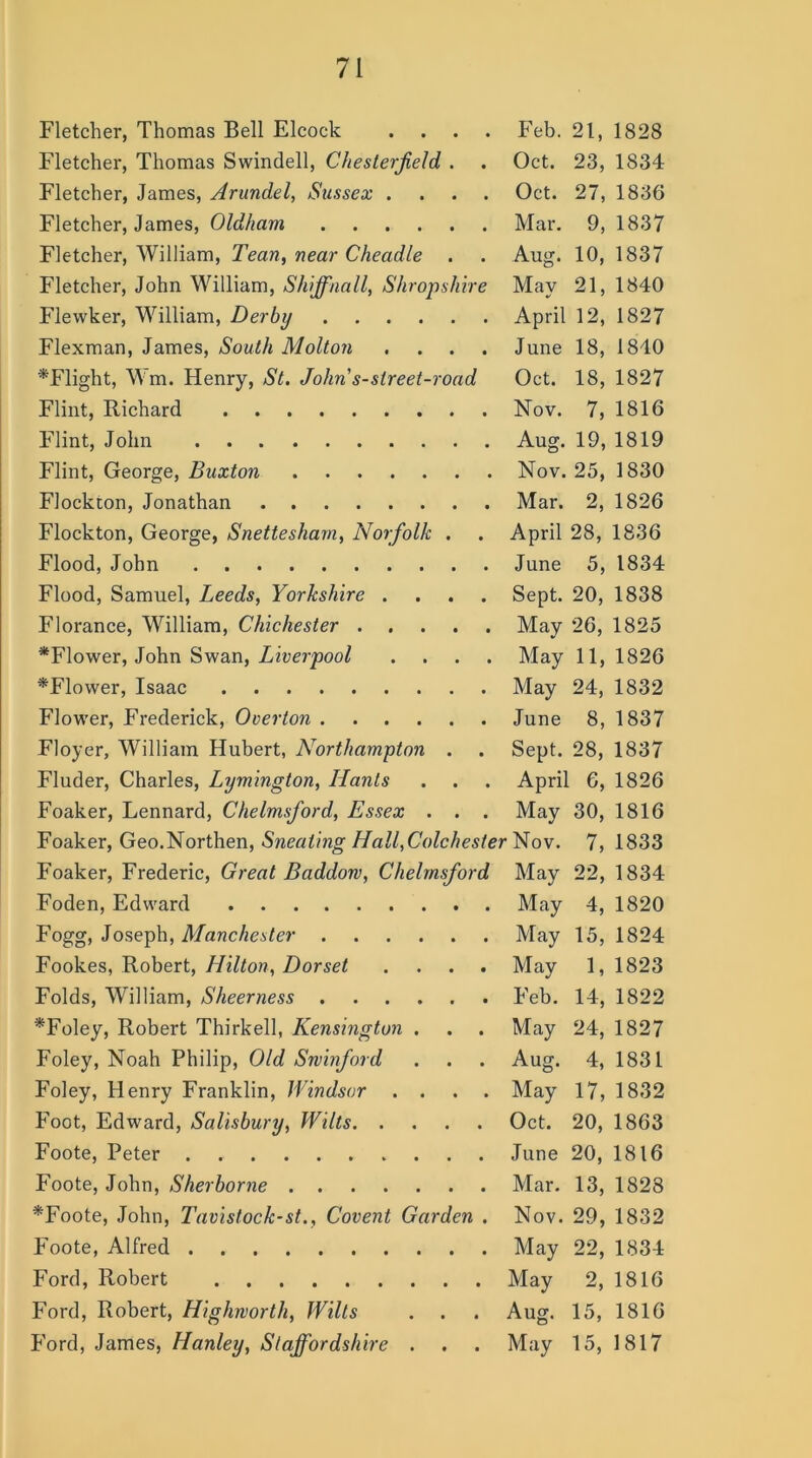 Fletcher, Thomas Bell Elcock .... Feb. 21, 1828 Fletcher, Thomas Swindell, Chesterfield, . . Oct. 23, 1834 Fletcher, James, Arundel, Sussex .... Oct. 27, 1836 Fletcher, James, Oldham Mar. 9, 1837 Fletcher, William, Tean, near Cheadle . . Aug. 10, 1837 Fletcher, John William, Shffnall, Shropshire May 21, 1840 Flewker, William, Derby April 12, 1827 Flexman, James, South Molton .... June 18, 1840 ^Flight, Wm. Henry, St. John s-street-road Oct. 18, 1827 Flint, Richard Nov. 7, 1816 Flint, John Aug. 19, 1819 Flint, George, Buxton Nov. 25, 1830 Flockton, Jonathan Mar. 2, 1826 Flockton, George, Snettesham, Norfolk . . April 28, 1836 Flood, John June 5, 1834 Flood, Samuel, Leeds, Yorkshire .... Sept. 20, 1838 Florance, William, Chichester May 26, 1825 *Flower, John Swan, Liverpool .... May 11, 1826 ^Flower, Isaac May 24, 1832 Flower, Frederick, Overton June 8, 1837 Floyer, William Hubert, Northampton . . Sept. 28, 1837 Fluder, Charles, Lymington, Hants . . . April 6, 1826 Foaker, Lennard, Chelmsfiord, Essex . . . May 30, 1816 Foaker, Geo.Northen, Sneating Hall, Colchester Nov. 7, 1833 Foaker, Frederic, Great Baddorv, Chelmsford May 22, 1834 Foden, Edward May 4, 1820 Fogg, Joseph, Manchester May 15, 1824 Fookes, Robert, Hilton, Dorset .... May 1, 1823 Folds, William, Sheerness Feb. 14, 1822 *Foley, Robert Thirkell, Kensington . . . May 24, 1827 Foley, Noah Philip, Old Swinfiord . . . Aug. 4, 1831 Foley, Henry Franklin, Windsor .... May 17, 1832 Foot, Edward, Salisbury, Wilts Oct. 20, 1863 Foote, Peter June 20, 1816 Foote, John, Sherborne Mar. 13, 1828 *Foote, John, Tavist ock-st., Covent Garden . Nov. 29, 1832 Foote, Alfred May 22, 1834 Ford, Robert May 2, 1816 Ford, Robert, Highwortli, Wilts . . . Aug. 15, 1816 Ford, James, Hanley, Staffordshire . . . May 15, 1817