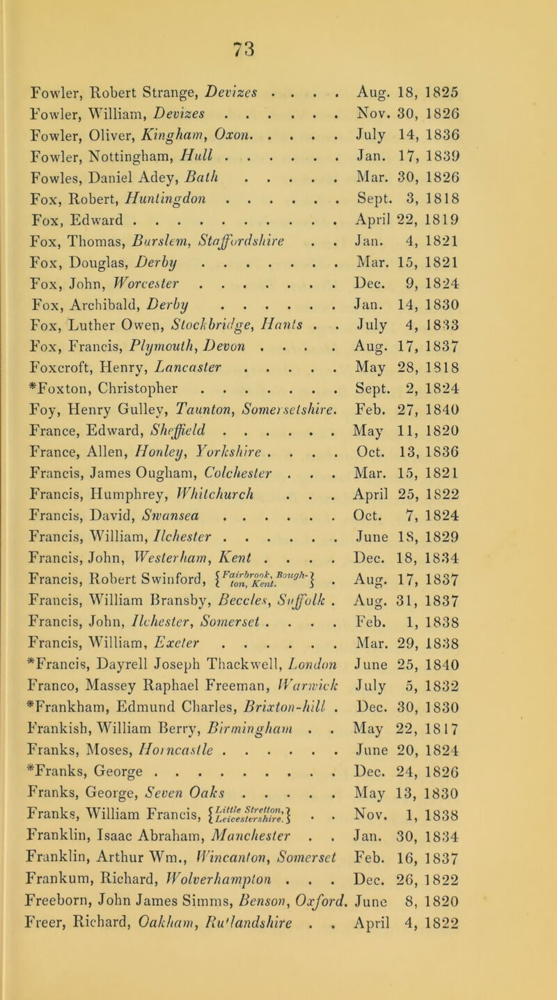 Fowler, William, Devizes Nov. 30, 1826 Fowler, Oliver, Kingham, Oxon July 14, 1836 Fowler, Nottingham, Hull Jan. 17, 1839 Fowles, Daniel Adey, Bath Mar. 30, 1826 Fox, Robert, Huntingdon Sept. 3, 1818 Fox, Edward April 22, 1819 Fox, Thomas, Burslem, Staffordshire . . Jan. 4, 1821 Fox, Douglas, Derby Mar. 15, 1821 Fox, John, Worcester Dec. 9, 1824 Fox, Archibald, Derby Jan. 14, 1830 Fox, Luther Owen, Stock bridge, Hants . . July 4, 1833 Fox, Francis, Plymouth, Devon ... . Aug. 17, 1837 Foxcroft, Henry, Lancaster May 28, 1818 *Foxton, Christopher Sept. 2, 1824 Foy, Henry Gulley, Taunton, Somersetshire. Feb. 27, 1840 France, Edward, Sheffield May 11, 1820 France, Allen, Honley, Yorkshire .... Oct. 13, 1836 Francis, James Ougham, Colchester . . . Mar. 15, 1821 Francis, Humphrey, Whitchurch . . . April 25, 1S22 Francis, David, Swansea Oct. 7, 1824 Francis, William, Ilchester June IS, 1829 Francis, John, Weslerham, Kent .... Dec. 18, 1834 Francis, Robert Swinford, {FfjftrKent?i0W9h'\ • Aug. 17,1837 Francis, William Bransby, Becc/es, Suffolk . Aug. 31, 1837 Francis, John, Ilchester, Somerset .... Feb. 1, 1838 Francis, William, Exeter Mar. 29, 1838 ^Francis, Dayrell Joseph Thackwell, London June 25, 1840 Franco, Massey Raphael Freeman, Warwick July 5, 1832 *Frankham, Edmund Charles, Brixton-hill . Dec. 30, 1830 Frankish, William Berry, Birmingham . . May 22,1817 Franks, Moses, Horncastle June 20, 1824 ^Franks, George Dec. 24, 1826 Franks, George, Seven Oaks May 13, 1830 Franks, William Francis, • • Nov. 1, 1838 Franklin, Isaac Abraham, Manchester . . Jan. 30, 1834 Franklin, Arthur Wm., Wincanton, Somerset Feb. 16,1837 Frankum, Richard, Wolverhampton . . . Dec. 26, 1822 Freeborn, John James Simms, Benson, Oxford. June 8, 1820 Freer, Richard, Oakham, Ilu'landshire . . April 4, 1822