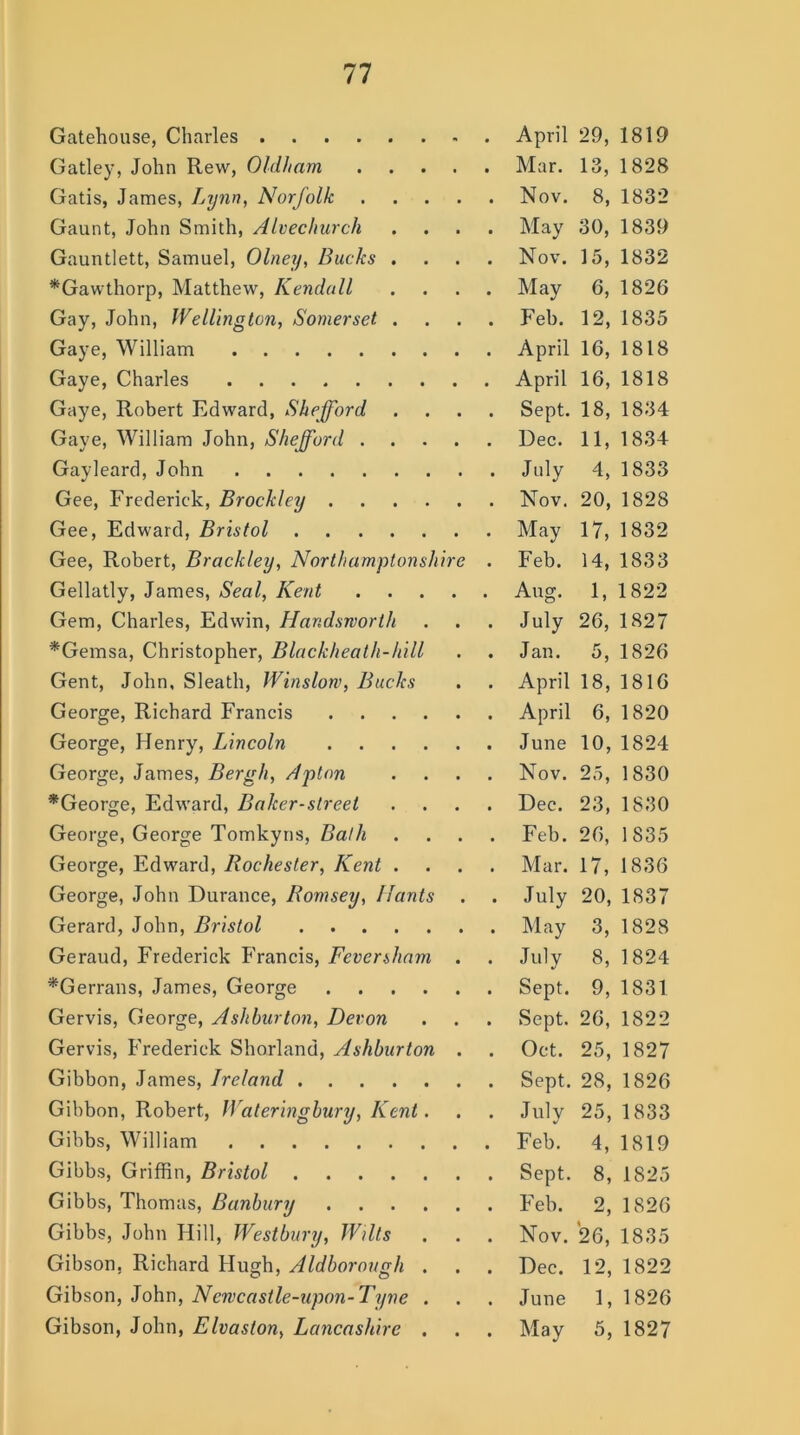 Gatehouse, Charles April 29, 1819 Gatley, John Rew, Oldham Mar. 13, 1828 Gatis, James, Lynn, Norfolk Nov. 8, 1832 Gaunt, John Smith, Alvechurch .... May 30, 1839 Gauntlett, Samuel, Olney, Bucks .... Nov. 15, 1832 *Gawthorp, Matthew, Kendall .... May 6, 1826 Gay, John, Wellington, Somerset .... Feb. 12, 1835 Gaye, William April 16, 1818 Gaye, Charles April 16, 1818 Gaye, Robert Edward, Shefford .... Sept. 18, 1834 Gaye, William John, Shefford Dec. 11, 1834 Gayleard, John July 4, 1833 Gee, Frederick, Brockley Nov. 20, 1828 Gee, Edward, Bristol May 17, 1832 Gee, Robert, Brackley, Northamptonshire . Feb. 14, 1833 Gellatly, James, Seal, Kent Aug. 1, 1822 Gem, Charles, Edwin, Handsrvorth . . . July 26, 1827 *Gemsa, Christopher, Blackheath-hill . . Jan. 5, 1826 Gent, John, Sleath, Winslow, Bucks . . April 18, 1816 George, Richard Francis April 6, 1820 George, Henry, Lincoln June 10, 1824 George, James, Bergh, Apton .... Nov. 25, 1830 *George, Edward, Baker-street .... Dec. 23, 1830 George, George Tomkyns, Bath .... Feb. 26, 1835 George, Edward, Rochester, Kent .... Mar. 17, 1836 George, John Durance, Romsey, Hants . . July 20, 1837 Gerard, John, Bristol May 3, 1828 Geraud, Frederick Francis, Fever.sham . . July 8, 1824 *Gerrans, James, George Sept. 9, 1831 Gervis, George, Ashburton, Devon . . . Sept. 26, 1822 Gervis, Frederick Shorland, Ashburton . . Oct. 25, 1827 Gibbon, James, Ireland Sept. 28, 1826 Gibbon, Robert, Wateringbury, Kent. . . July 25, 1833 Gibbs, William Feb. 4, 1819 Gibbs, Griffin, Bristol Sept. 8, 1825 Gibbs, Thomas, Banbury Feb. 2, 1826 Gibbs, John Hill, Westbury, Wilts . . . Nov. 26, 1835 Gibson, Richard Hugh, Aldborough . . . Dec. 12, 1822 Gibson, John, Newcastle-upon-Tyne . . . June 1, 1826 Gibson, John, Elvaston, Lancashire . . . May 5, 1827