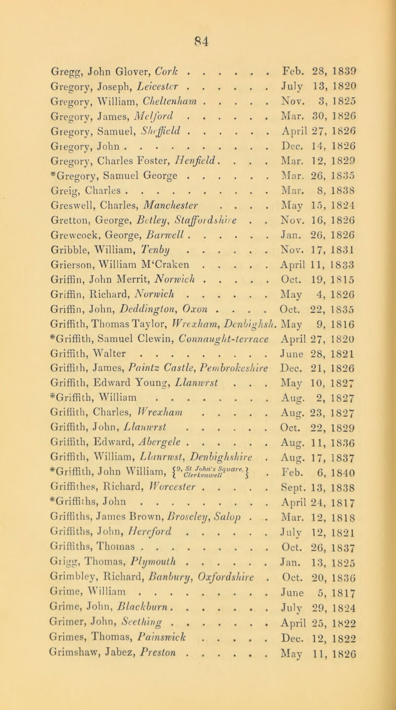 Gregg, John Glover, Cork Feb. 28, 1839 Gregory, Joseph, Leicester July 13, 1820 Gregory, William, Cheltenham Nov. 3, 1825 Gregory, James, Mel ford Mar. 30, 1826 Gregory, Samuel, Sheffield April 27, 1826 Gregory, John Dec. 14, 1826 Gregory, Charles Foster, Henjield. . . . Mar. 12, 1829 ^Gregory, Samuel George Mar. 26, 1835 Greig, Charles Mar. 8, 1838 Greswell, Charles, Manchester .... May 15, 1824 Gretton, George, Bctley, Staffordshire . . Nov. 16, 1826 Grewcock, George, Burnell Jan. 26, 1826 Gribble, William, Tenby Nov. 17, 1831 Grierson, William M'Craken April 11, 1833 Griffin, John Merrit, Norwich Oct. 19, 1815 Griffin, Richard, Norwich May 4, 1826 Griffin, John, Deddinglon, Oxon .... Oct. 22, 1835 Griffith, Thomas Taylor, Wrexham, Denbighsh. May 9, 1816 ^Griffith, Samuel Clewin, Connaught-terrace April 27, 1820 Griffith, Walter June 28, 1821 Griffith, James, Paints Castle, Pembrokeshire Dec. 21, 1826 Griffith, Edward Young, Llannrst . . . May 10, 1827 ^Griffith, William Aug. 2, 1827 Griffith, Charles, Wrexham Aug. 23, 1827 Griffith, John, Llannrst Oct. 22, 1829 Griffith, Edward, Abergele Aug. 11, 1836 Griffith, William, Llanrnst, Denbighshire . Aug. 17, 1837 ^Griffith, John William, {*'] . Feb. 6, 1840 Griffithes, Richard, Worcester Sept. 13, 1838 ^Griffiths, John April 24, 1817 Griffiths, James Brown, Broseley, Salop . . Mar. 12, 1818 Griffiths, John, Hereford July 12, 1821 Griffiths, Thomas Oct. 26, 1837 Grigg, Thomas, Plymouth Jan. 13, 1825 Grimbley, Richard, Banbury, Oxfordshire . Oct. 20, 1836 Grime, William June 5, 1817 Grime, John, Blackburn July 29,1824 Griiner, John, Seething April 25, 1822 Grimes, Thomas, Painsnick Dec. 12, 1822 Grimshaw, Jabez, Preston May 11,1826