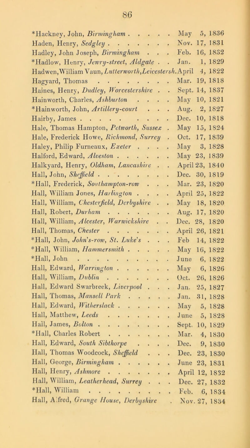 *Hackney, John, Birmingham May 5, 1836 Haden, Henry, Sedgley Nov. 17, 1831 Hadley, John Joseph, Birmingham . . . Feb. 16, 1832 *Hadlow, Henry, Jewry-street, Aldgate . . Jan. 1, 1829 Hadwen,William Vaun, Lutterworth,Leicestersh. April -i, 1822 Hagyard, Thomas Mar. 19, 1818 Haines, Henry, Dudley, Worcestershire . . Sept. 14, 1837 Hainworth, Charles, Ashburton .... May 10, 1821 *Hainworth, John, Artillery-court . . . Aug. 2, 1827 Hairby, James .... Dec. 10, 1818 Hale, Thomas Hampton, Pctworth, Sussex . May 15, 1824 Hale, Frederick Howe, Richmond, Surrey . Oct. 17, 1839 Haley, Philip Furneaux, Exeter .... May 3, 1828 Halford, Edward, Alveston May 23, 1839 Halkyard, Henry, Oldham, Lancashire . . April 23, 1840 Hall, John, Sheffield Dec. 30, 1819 *Hall, Frederick, Southampton-row . . . Mar. 23, 1820 Hall, William Jones, Harlington .... April 25, 1822 Hall, William, Chesterfield, Derbyshire . . May 18, 1820 Hall, Robert, Durham Aug. 17, 1820 Hall, William, Alcester, Warwickshire . . Dec. 28, 1820 Hall, Thomas, Chester April 26, 1821 *Hall, John, Johns-row, St. Luke's . . . Feb 14, 1822 *Hall, William, Hammersmith May 16, 1822 *Hall, John June 6, 1822 Hall, Edward, Warrington May 6, 1826 Hall, William, Dublin Oct. 26, 1826 Hall, Edward Swarbreek, Liverpool . . . Jan. 25, 1827 Flail, Thomas, Mansell Park Jan. 31, 1828 Hall, Edward, Witherslack May 5, 1828 Hall, Matthew, Leeds June 5, 1828 Hall, James, Bolton Sept. 10, 1829 *Hall, Charles Robert Mar. 4, 1830 Hall, Edward, South Sibthorpe .... Dec. 9, 1830 Hall, Thomas Woodcock, Sheffield . . . Dec. 23, 1830 Flail, George, Birmingham June 23, 1831 Hall, Henry, Ashmore April 12, 1832 Hall, William, Lealherhead, Surrey . . . Dec. 27, 1832 * Flail, William Feb. 6,1834 Hall, Alfred, Grange House, Derbyshire . Nov. 27, 1834