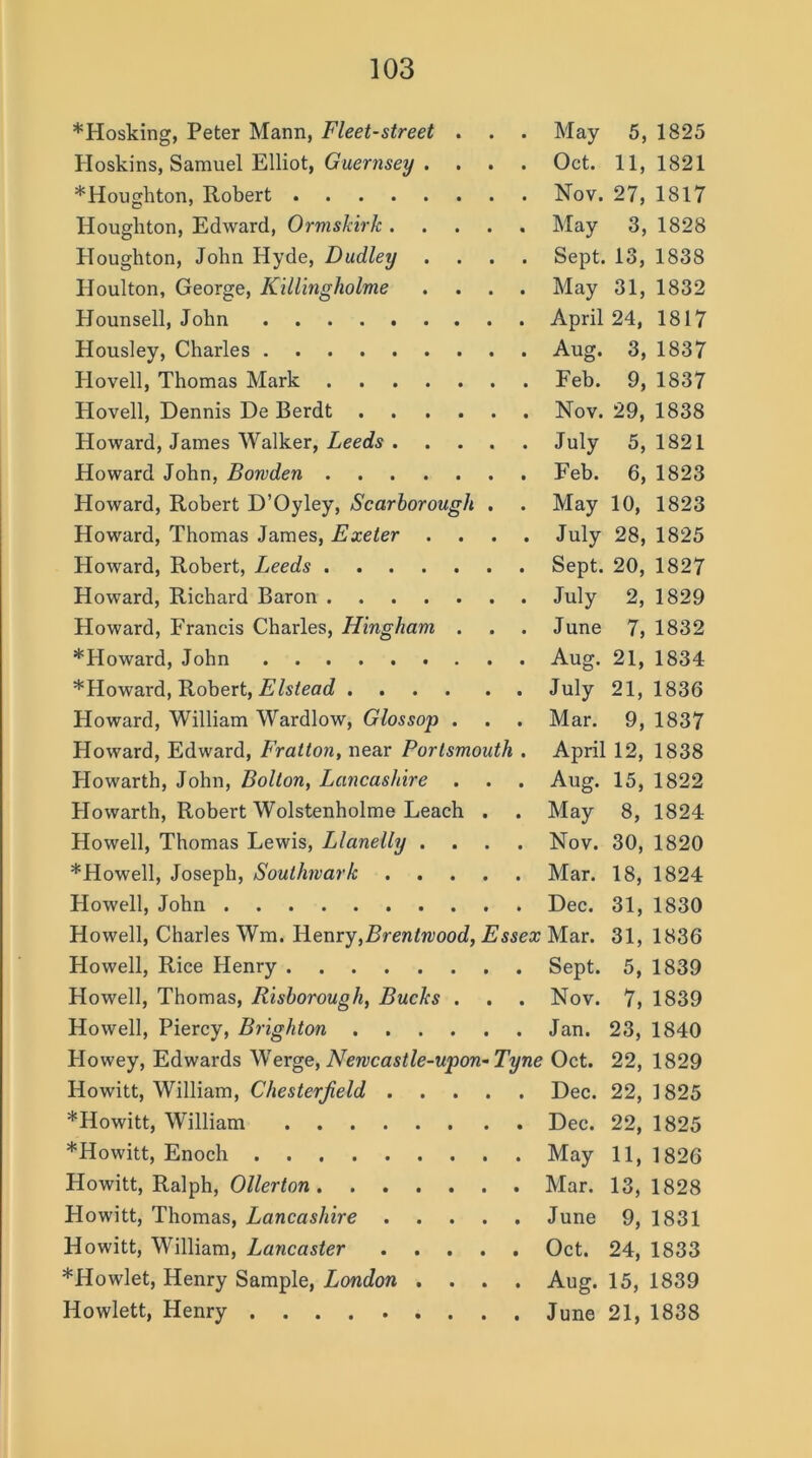 *Hosking, Peter Mann, Fleet-street . . . May 5, 1825 Hoskins, Samuel Elliot, Guernsey . . . . Oct. 11,1821 *Houghton, Robert Nov. 27, 1817 Houghton, Edward, Ormskirk May 3, 1828 Houghton, John Hyde, Dudley .... Sept. 13, 1838 Houlton, George, Killingholme .... May 31, 1832 PJounsell, John April 24, 1817 Housley, Charles Aug. 3, 1837 Hovell, Thomas Mark Feb. 9, 1837 Hovell, Dennis De Berdt Nov. 29, 1838 Howard, James Walker, Leeds July 5, 1821 Howard John, Bowden Feb. 6, 1823 Howard, Robert D’Oyley, Scarborough . . May 10, 1823 Howard, Thomas James, Exeter .... July 28, 1825 Howard, Robert, Leeds Sept. 20, 1827 Howard, Richard Baron July 2, 1829 Howard, Francis Charles, Hingham . . . June 7, 1832 *Howard, John Aug. 21, 1834 ^Howard, Robert, Elstead July 21, 1836 Howard, William Wardlow, Glossop . . . Mar. 9, 1837 Howard, Edward, Fratton, near Portsmouth . April 12, 1838 Howarth, John, Bolton, Lancashire . . . Aug. 15, 1822 Howarth, Robert Wolstenholme Leach . . May 8, 1824 Howell, Thomas Lewis, Llanelly .... Nov. 30, 1820 *Howell, Joseph, Southwark Mar. 18, 1824 Howell, John Dec. 31, 1830 Howell, Charles Win. Henry,Brentwood, Essex Mar. 31, 1836 Howell, Rice Henry Sept. 5, 1839 Howell, Thomas, Risborough, Bucks . . . Nov. 7, 1839 Howell, Piercy, Brighton Jan. 23, 1840 Plowey, Edwards Werge, Newcastle-upon-Tyne Oct. 22, 1829 Howitt, William, Cliesterjield ..... Dec. 22, 1825 *Howitt, William Dec. 22, 1825 *Howitt, Enoch May 11, 1826 Howitt, Ralph, Ollerton Mar. 13, 1828 Howitt, Thomas, Lancashire June 9, 1831 Howitt, William, Lancaster Oct. 24, 1833 *Howlet, Henry Sample, London .... Aug. 15, 1839 Howlett, Henry June 21, 1838