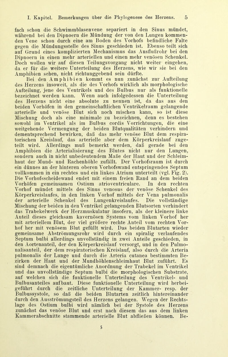 fach schon die Schwimm blasen vene separiert in den Sinus mündet, während bei den Dipnoeru die Mündung der von den Lungen kommen- den Vene schon durch eine am Boden des Vorhofs befindliche Falte gegen die Mündungsstelle des Sinus geschieden ist. Ebenso teilt sich auf Grund eines komplizierten Mechanismus das AusÜußrohr bei den Dipnoern in einen mehr arteriellen und einen mehr venösen Schenkel. Doch wollen wir auf diesen Teiluugsvorgang nicht weiter eingehen, da er für die weitere Unterteilung des Herzens, wie wir sie bei den Amphibien sehen, nicht richtunggebend sein dürfte. Bei den Amphibien kommt es nun zunächst zur Aufteilung des Herzens insoweit, als die des Vorhofs wirklich als morphologische Aufteilung, jene des Ventrikels und des Bulbus nur als funktionelle bezeichnet werden kann. Wenn auch infolgedessen die Unterteilung des Herzens nicht eine absolute zu nennen ist, da das aus den beiden Vorhöfen in den gemeinschaftlichen Ventrikelraum gelangende arterielle und venöse Blut sich noch mischen kann, so ist diese Mischung doch als eine minimale zu bezeichnen, denn es bestehen sowohl im Ventrikel als im Bulbus cordis Vorrichtungen, die eine weitgehende Vermengung der beiden Blutqualitäten verhindern und dementsprechend bewirken, daß das mehr venöse Blut dem respira- torischen Kreislauf, das arterielle aber dem Körperkreislauf zuge- teilt wird. Allerdings muß bemerkt werden, daß gerade bei den Amphibien die Arterialisierung des Blutes nicht nur den Lungen, sondern auch in nicht unbedeutendem Maße der Haut und der Schleim- haut der Mund- und Rachenhöhle zufällt. Der Vorhofsraum ist durch ein dünnes an der hinteren oberen Vorhofswand entspringendes Septum vollkommen in ein rechtes und ein linkes Atrium unterteilt (vgl. Fig. 2). Die Vorhofsscheidewand endet mit einem freien Rand an dem beiden Vorhöfen gemeinsamen Ostium atrioventriculare. In den rechten Vorhof mündet mittels des Sinus venosus der venöse Schenkel des Körperkreislaufes, in den linken Vorhof mittels der Vena pulmonalis der arterielle Schenkel des Lungenkreislaufes. Die vollständige Mischung der beiden in den Ventrikel gelangenden Blutsorten verhindert das Trabekelwerk der Herzmuskulatur insofern, als der kleinere linke Anteil dieses gleichsam kavernösen Systems vom linken Vorhof her mit arteriellem Blut, der viel größere rechte Anteil vom rechten Vor- hof her mit venösem Blut gefüllt wird. Das beiden Blutarten wieder gemeinsame Abströmungsrohr wird durch ein spiralig verlaufendes Septum bulbi allerdings unvollständig in zwei Anteile geschieden, in den Aortenanteil, der den Körperkreislauf versorgt, und in den Pulmo- nalisanteil, der dem respiratorischen Kreislauf, also durch die Arteria pulmonalis der Lunge und durch die Arteria cutanea bestimmten Be- zirken der Haut und der Mundhöhlenschleimhaut Blut zuführt. Es sind demnach die eigentümliche Anordnung der Trabekel im Ventrikel und das unvollständige Septum bulbi die morphologischen Substrate, auf welchen sich die funktionelle Unterteilung des Ventrikel- und Bulbusanteiles aufbaut. Diese funktionelle Unterteilung wird herbei- geführt durch die zeitliche Unterteilung der Kammer- resp. der Bulbussystole, so daß die beiden Blutarten zeitlich hintereinander durch den Ausströniungsteil des Herzens gelangen. Wegen der Rechts- lage des Ostium bulbi wird nämlich bei der Systole des Herzens zunächst das venöse Blut und erst nach diesem das aus dem linken Kammerabschnitte stammende arterielle Blut abfliefieu können. Be- 5