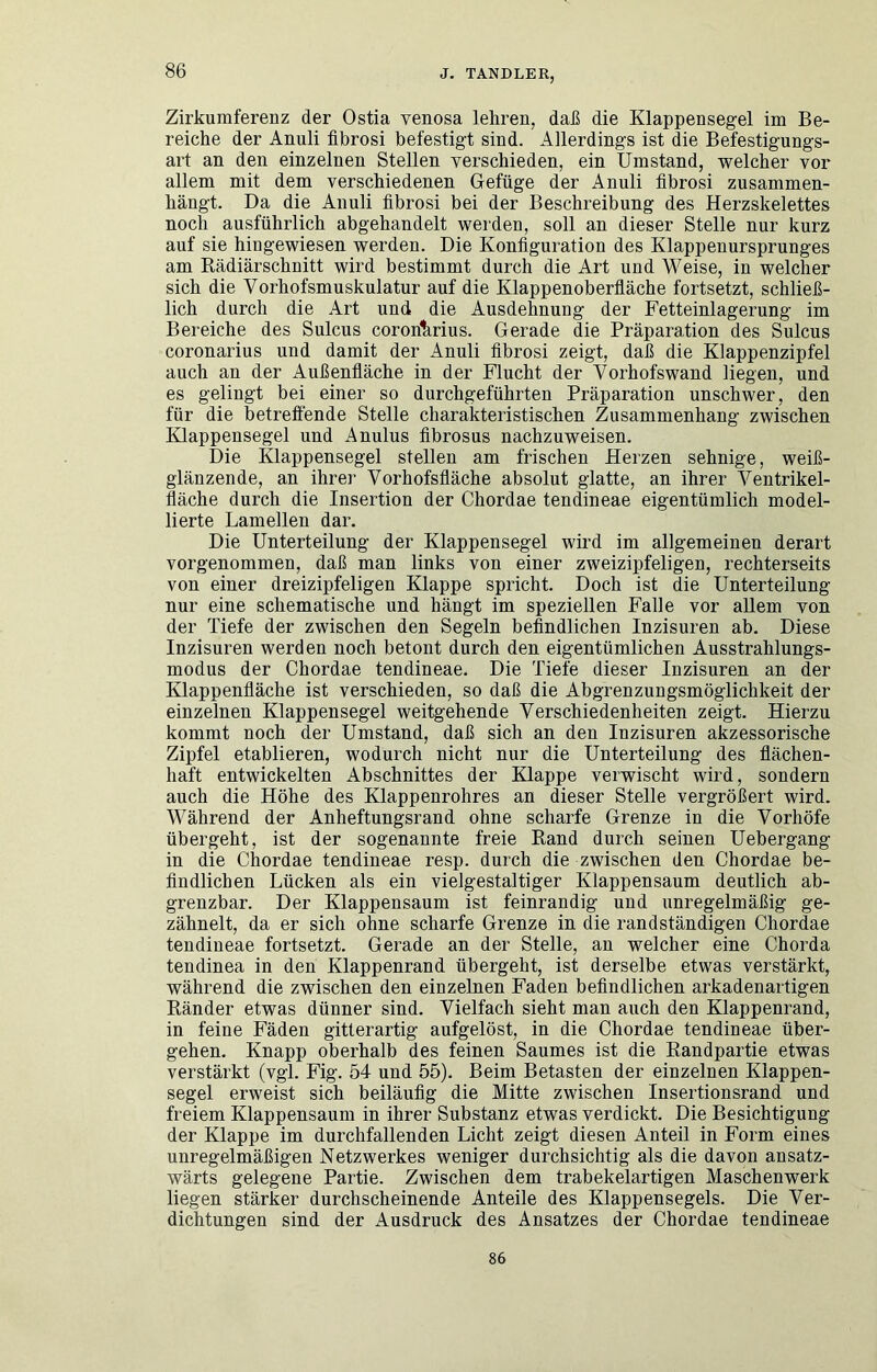 Zirkumferenz der Ostia venosa lehren, daß die Klappensegel im Be- reiche der Anuli fibrosi befestigt sind. Allerdings ist die Befestigungs- art an den einzelnen Stellen verschieden, ein Umstand, welcher vor allem mit dem verschiedenen Gefüge der Anuli fibrosi zusammen- hängt. Da die Anuli fibrosi bei der Beschreibung des Herzskelettes noch ausführlich abgehandelt werden, soll an dieser Stelle nur kurz auf sie hingewiesen werden. Die Konfiguration des Klappenursprunges am Rädiärschnitt wird bestimmt durch die Art und Weise, in welcher sich die Vorhofsmuskulatur auf die Klappenoberfläche fortsetzt, schließ- lich durch die Art und die Ausdehnung der Fetteinlagerung im Bereiche des Sulcus coron^rius. Gerade die Präparation des Sulcus coronarius und damit der Anuli fibrosi zeigt, daß die Klappenzipfel auch an der Außenfläche in der Flucht der Vorhofswand liegen, und es gelingt bei einer so durchgeführten Präparation unschwer, den für die betrefiende Stelle charakteristischen Zusammenhang zwischen Klappensegel und Anulus fibrosus nachzuweisen. Die Klappensegel stellen am frischen Herzen sehnige, weiß- glänzende, an ihrer Vorhofsfläche absolut glatte, an ihrer Ventrikel- fläche durch die Insertion der Chordae tendineae eigentümlich model- lierte Lamellen dar. Die Unterteilung der Klappensegel wird im allgemeinen derart vorgenommen, daß man links von einer zweizipfeligen, rechterseits von einer dreizipfeligen Klappe spricht. Doch ist die Unterteilung nur eine schematische und hängt im speziellen Falle vor allem von der Tiefe der zwischen den Segeln befindlichen Inzisuren ab. Diese Inzisuren werden noch betont durch den eigentümlichen Ausstrahlungs- modus der Chordae tendineae. Die Tiefe dieser Inzisuren an der Klappenfläche ist verschieden, so daß die Abgrenzungsmöglichkeit der einzelnen Klappensegel weitgehende Verschiedenheiten zeigt. Hierzu kommt noch der Umstand, daß sich an den Inzisuren akzessorische Zipfel etablieren, wodurch nicht nur die Unterteilung des flächen- haft entwickelten Abschnittes der Klappe verwischt wird, sondern auch die Höhe des Klappenrohres an dieser Stelle vergrößert wird. Während der Anheftungsrand ohne scharfe Grenze in die Vorhöfe übergeht, ist der sogenannte freie Rand durch seinen Uebergang in die Chordae tendineae resp. durch die zwischen den Chordae be- findlichen Lücken als ein vielgestaltiger Klappensaum deutlich ab- grenzbar. Der Klappensaum ist feinrandig und unregelmäßig ge- zähnelt, da er sich ohne scharfe Grenze in die randständigen Chordae tendineae fortsetzt. Gerade an der Stelle, an welcher eine Chorda tendinea in den Klappenrand übergeht, ist derselbe etwas verstärkt, während die zwischen den einzelnen Faden befindlichen arkadenartigen Ränder etwas dünner sind. Vielfach sieht man auch den Klappenrand, in feine Fäden gitterartig aufgelöst, in die Chordae tendineae über- gehen. Knapp oberhalb des feinen Saumes ist die Randpartie etwas verstärkt (vgl. Fig. 54 und 55). Beim Betasten der einzelnen Klappen- segel erweist sich beiläufig die Mitte zwischen Insertionsrand und freiem Klappensaum in ihrer Substanz etwas verdickt. Die Besichtigung der Klappe im durchfallenden Licht zeigt diesen Anteil in Form eines unregelmäßigen Netzwerkes weniger durchsichtig als die davon ansatz- wärts gelegene Partie. Zwischen dem trabekelartigen Maschenwerk liegen stärker durchscheinende Anteile des Klappensegels. Die Ver- dichtungen sind der Ausdruck des Ansatzes der Chordae tendineae 86