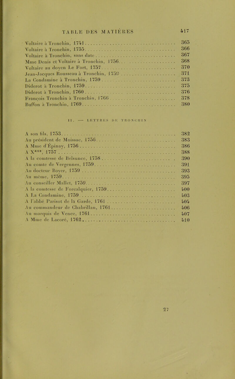 Voltaire à Tronchin, 174J 365 Voltaire à Tronchin, 1755 366 Voltaire à Tronchin, sans date . 367 Mme Denis et Voltaire à Tronchin, 1756 368 Voltaire au doyen Le Fort, 1757 370 Jean-Jacques Rousseau à Tronchin, 175'.) 371 La Condamine à Tronchin, 1759 373 Diderot à Tronchin, 1759 375 Diderot à Tronchin, 1760 376 François Tronchin à Tronchin, 1766 378 Buffon à Tronchin, 1769 380 II. LETTRES b K TROKCIII N A son lils. 1753 382 Au président de Moissac, 1756 383 A Mine d’Épinay, 1756 386 A X***, 1757 . ! 388 A la comtesse de Belsunce, 1758 390 Au comte de Vergennes, 1759 391 Au docteur Boyer, 1759 393 Au même, 1759 395 Au conseiller Mallet, 1759 397 A la comtesse de Forcalquier, 1759 400 A La Condamine, 1759 403 A l’abbé Parisot de la Garde, 1761 404 Au commandeur de Chabrillan, 1761 406 Au marquis de Vence, 1761 407 A Mme de Lacoré, 1762 410