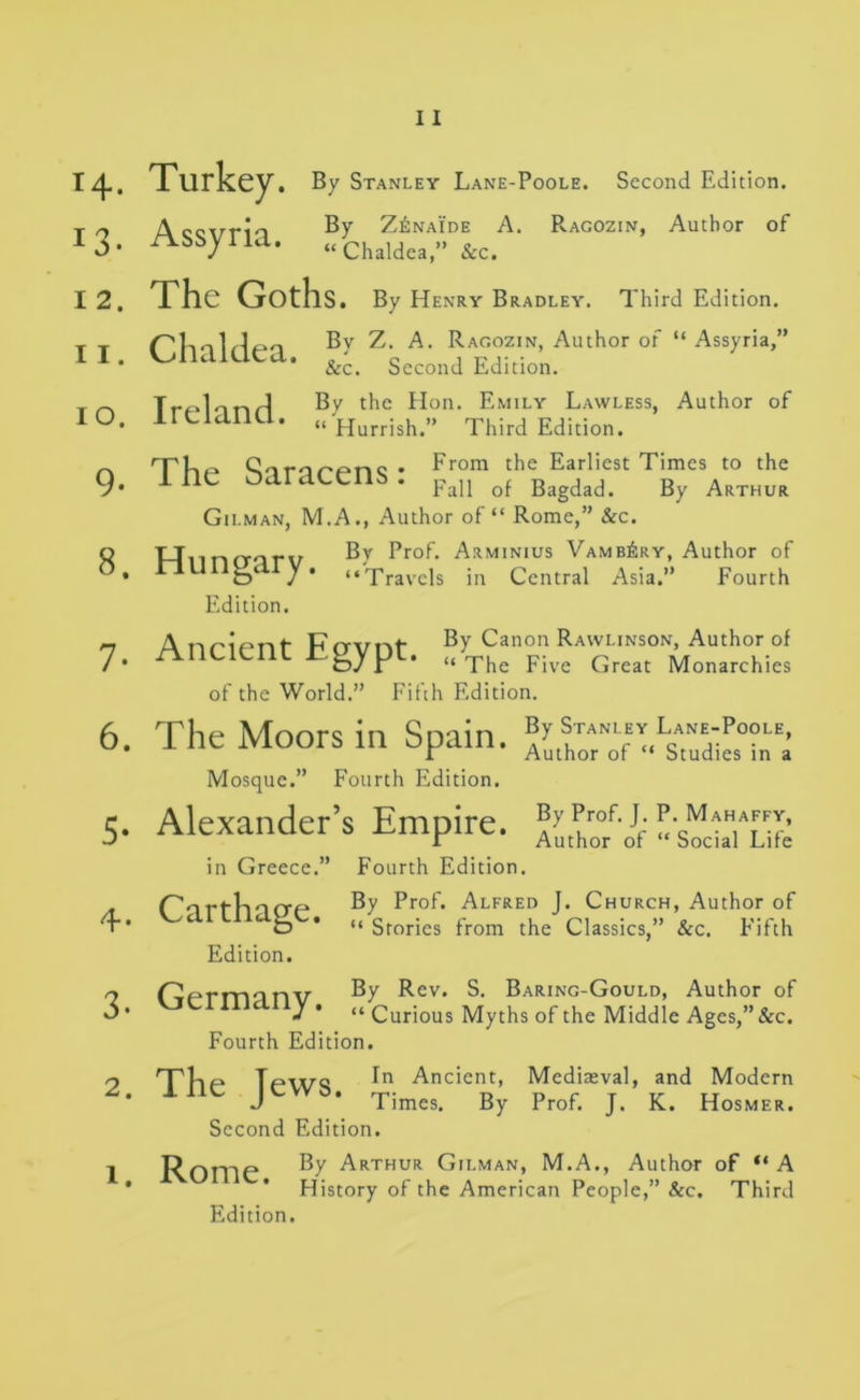 T4- I3- 12. II. IO. 9- 8. 7- 6. 5- 4- 3. 2. 1. 11 Turkey. By Stanley Lane-Poole. Second Edition. A coTrrio By Z&NAIDE A. R.AGOZIN, Author of Assyria. ,/chaIdca„ &c. The Goths. By Henry Bradley. Third Edition. Chaldea Z. A. Ragozin, Author of “ Assyria,” 1 * &c. Second Edition. Trf-Tinrl By the Hon. Emily Lawless, Author of llLlclllU. “ Hurrish.” Third Edition. The Saracens: From ,he Earliest Times to the rail of Bagdad. By Arthur Gilman, M.A., Author of “ Rome,” &c. Hnnfrnru By Prof. Arminius Vamb^ry, Author of l&dl / * “Travels in Central Asia.” Fourth Edition. Anripnt Fcrvnt By Canon Rawlinson, Author of fc>yrL* “The Five Great Monarchies of the World.” Fifth Edition. The Moors in Spain. By Stanley Lane-Poole, I Author of “ Studies in a Mosque.” Fourth Edition. Alexander’s Empire. Auth^/ Jf “’s^chTLTe in Greece.” Fourth Edition. Cnirhncre By Br°B Alfred J. Church, Author of D ’ “ Stories from the Classics,” &c. Fifth Edition. Cermnnv By Rev. S. Baring-Gould, Author of y * “ Curious Myths of the Middle Ages,”&c. Fourth Edition. The J In Ancient, Mediasval, and Modern Times. By Prof. J. K. Hosmer. Second Edition. ews. Rome. Edition. By Arthur Gilman, M.A., Author of “ A History of the American People,” &c. Third