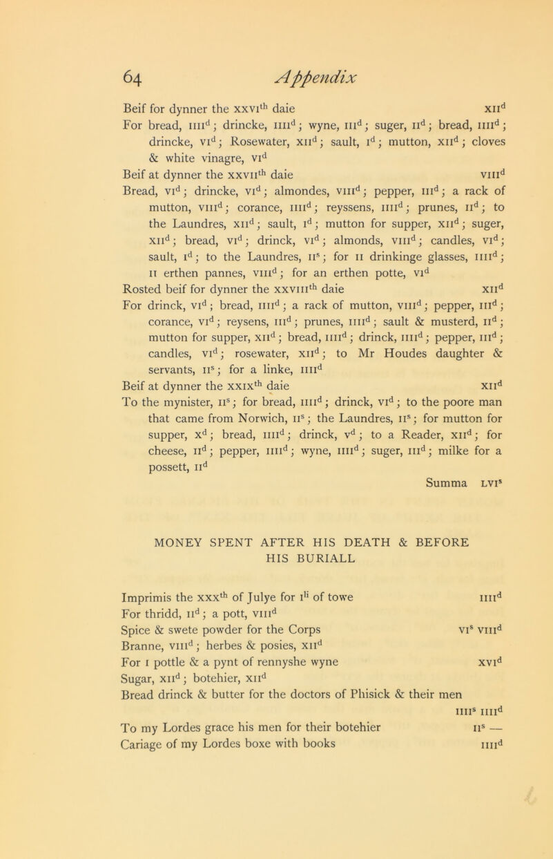 Beif for dynner the xxvd*' daie xii*^ For bread, ; drincke, \ wyne, ; suger, ; bread, ; drincke, ; Rosewater, xii'^; sault, ; mutton, xii<i; cloves & white vinagre, Beif at dynner the xxvid^ daie vni^^ Bread, vi*^; drincke, vi^^; almondes, pepper, a rack of mutton, viii'i; corance, reyssens, prunes, to the Laundres, xii^^; sault, mutton for supper, xii*^; suger, xii'^; bread, ; drinck, vi'^ \ almonds, viii^; candles, ; sault, ; to the Laundres, ii®; for ii drinkinge glasses, IT erthen pannes, viii'^; for an erthen potte, vi<^ Rosted beif for dynner the xxviii‘^ daie xii'^ For drinck, vi^; bread, ; a rack of mutton, pepper, corance, vi'^; reysens, iii*^; prunes, ; sault & musterd, ; mutton for supper, xii'^; bread, ini'*; drinck, pepper, candles, vi*^; rosewater, xii'^; to Mr Houdes daughter & servants, ii®; for a linke, Beif at dynner the xxix*^^ daie xii^ To the mynister, ii®; for bread, drinck, vi'^; to the poore man that came from Norwich, ii®; the Laundres, ii®; for mutton for supper, ; bread, ; drinck, v'^; to a Reader, xii*^; for cheese, ; pepper, iiii^; wyne, ; suger, iii^^; milke for a possett, Summa lvi® MONEY SPENT AFTER HIS DEATH & BEFORE HIS BURIALL Imprimis the xxx‘^ of Julye for i*' of towe For thridd, ; a pott, viii'^ Spice & swete powder for the Corps vF viii^ Branne, viii'^; herbes & posies, xii'^ For I pottle & a pynt of rennyshe wyne xvi'^ Sugar, xii'^; botehier, xii'^ Bread drinck & butter for the doctors of Phisick & their men nil® iiii'^ II® — IIII*i To my Lordes grace his men for their botehier Cariage of my Lordes boxe with books