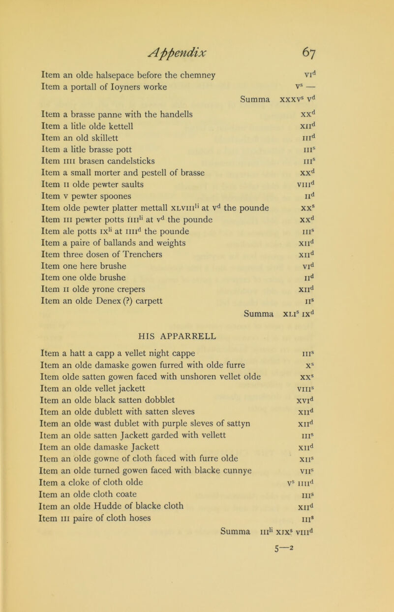 Item an olde halsepace before the chemney Item a portall of loyners worke v® — Summa xxxv® Item a brasse panne with the handells xx*^ Item a litle olde kettell xii'^ Item an old skillett Item a litle brasse pott iii® Item nil brasen candelsticks iii® Item a small morter and pestell of brasse xx'^ Item II olde pewter saults Item V pewter spoones Item olde pewter platter mettall xlviii'' at the pounde xx® Item III pewter potts iiii*‘ at the pounde xx'^ Item ale potts ix*‘ at iiii'^ the pounde iii* Item a paire of ballands and weights xii'^ Item three dosen of Trenchers xii'^ Item one here brushe Item one olde brushe ii^ Item II olde yrone crepers xii'i Item an olde Denex (?) carpett ii® Summa XLi® ix*^ HIS APPARRELL Item a hatt a capp a vellet night cappe iii® Item an olde damaske gowen furred with olde furre x® Item olde satten gowen faced with unshoren vellet olde xx® Item an olde vellet jackett viii® Item an olde black satten dobblet xvi'^ Item an olde dublett with satten sieves xii'i Item an olde wast dublet with purple sieves of sattyn xii^ Item an olde satten Jackett garded with vellett iii® Item an olde damaske Jackett xii*^ Item an olde gowne of cloth faced with furre olde xii® Item an olde turned gowen faced with blacke cunnye vii® Item a cloke of cloth olde v® iiii'i Item an olde cloth coate ms Item an olde Hudde of blacke cloth xii'^ Item III paire of cloth hoses m® Summa iid' xix® viii*^ 5—2