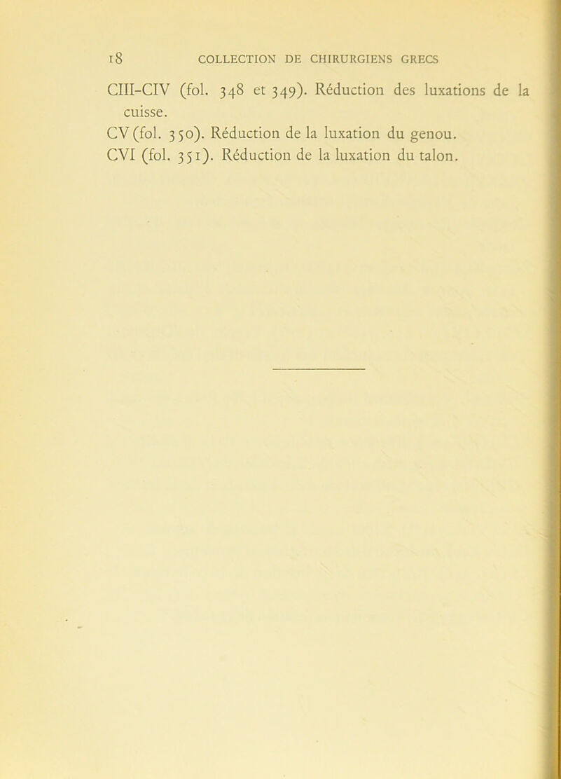 CIII-CIV (fol. 348 et 349). Réduction des luxations de la cuisse. CV (fol. 350). Réduction de la luxation du genou. CVI (fol. 351). Réduction de la luxation du talon.