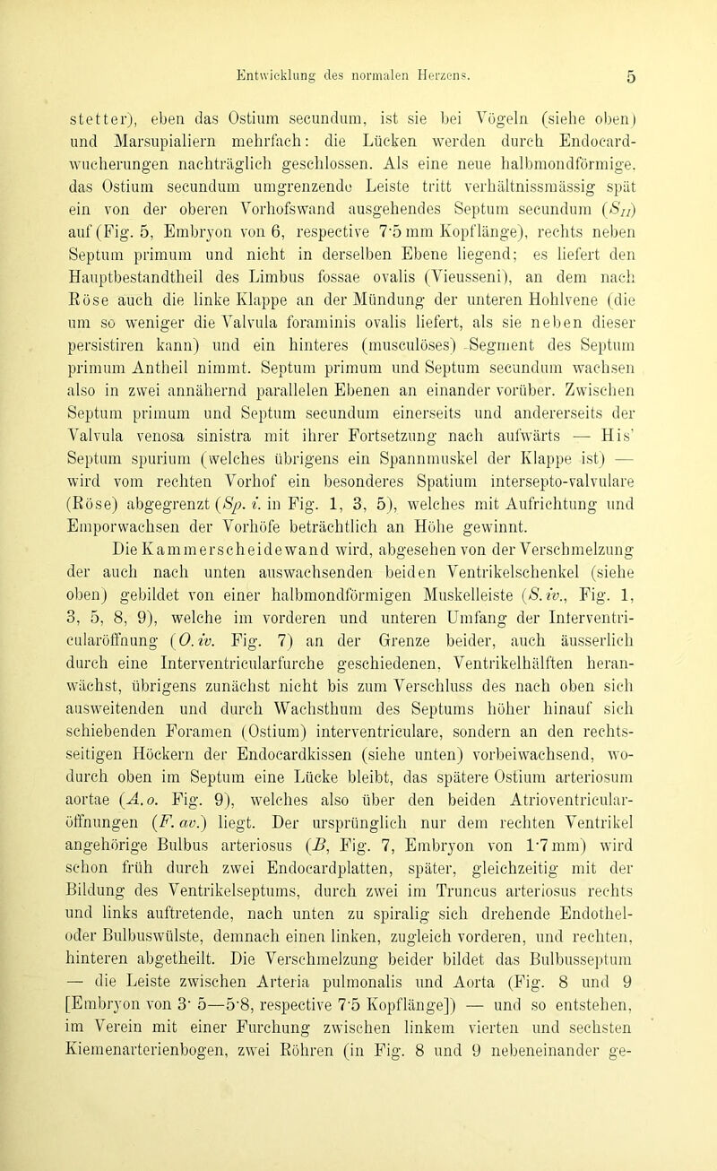 stetter), eben das Ostium secundum, ist sie bei Vögeln (siehe oben) und Marsupialiern mehrfach: die Lücken werden durch Endocard- wucherungen nachträglich geschlossen. Als eine neue halbmondförmige, das Ostium secundum umgrenzende Leiste tritt verhältnissmässig spät ein von der oberen Vorhofs wand ausgehendes Septum secundum (Sn) auf(Fig. 5, Embryon von 6, respective 7-5 mm Kopflänge), rechts neben Septum primuni und nicht in derselben Ebene liegend; es liefert den Hauptbestandtheil des Limbus fossae ovalis (Vieusseni), an dem nach Rose auch die linke Klappe an der Mündung der unteren Hohlvene (die um so weniger die Valvula foraminis ovalis liefert, als sie neben dieser persistiren kann) und ein hinteres (musculöses) .Segment des Septum primum Antheil nimmt. Septum primum und Septum secundum wachsen also in zwei annähernd parallelen Ebenen an einander vorüber. Zwischen Septum primum und Septum secundum einerseits und andererseits der Valvula venosa sinistra mit ihrer Fortsetzung nach aufwärts — His’ Septum spurium (welches übrigens ein Spannmuskel der Klappe ist) — wird vom rechten Vorhof ein besonderes Spatium intersepto-valvulare (Rose) abgegrenzt (Sp. i. in Fig. 1, 3, 5), welches mit Aufrichtung und Emporwachsen der Vorhöfe beträchtlich an Höhe gewinnt. Die Kammerscheidewand wird, abgesehen von der Verschmelzung der auch nach unten auswachsenden beiden Ventrikelschenkel (siehe oben) gebildet von einer halbmondförmigen Muskelleiste (S.w., Fig. 1, 3, 5, 8, 9), welche im vorderen und unteren Umfang der Interventri- cularöffnung (O.w. Fig. 7) an der Grenze beider, auch äusserlich durch eine Interventricularfurche geschiedenen, Ventrikelhälften heran- wächst, übrigens zunächst nicht bis zum Verschluss des nach oben sich ausweitenden und durch Wachsthum des Septums höher hinauf sich schiebenden Foramen (Ostium) interventriculare, sondern an den rechts- seitigen Höckern der Endocardkissen (siehe unten) vorbeiwachsend, wo- durch oben im Septum eine Lücke bleibt, das spätere Ostium arteriosum aortae (A.o. Fig. 9), welches also über den beiden Atrioventricular- öffnungen (F. av.) liegt. Der ursprünglich nur dem rechten Ventrikel angehörige Bulbus arteriosus (B, Fig. 7, Embryon von D7mm) wird schon früh durch zwei Endocardplatten, später, gleichzeitig mit der Bildung des Ventrikelseptums, durch zwei im Truncus arteriosus rechts und links auftretende, nach unten zu spiralig sich drehende Endothel- oder Bulbuswülste, demnach einen linken, zugleich vorderen, und rechten, hinteren abgetheilt. Die Verschmelzung beider bildet das Bulbusseptum — die Leiste zwischen Arteria pulmonalis und Aorta (Fig. 8 und 9 [Embryon von 3‘ 5—5'8, respective 75 Kopflänge]) — und so entstehen, im Verein mit einer Furchung zwischen linkem vierten und sechsten Kiemenarterienbogen, zwei Röhren (in Fig. 8 und 9 nebeneinander ge-
