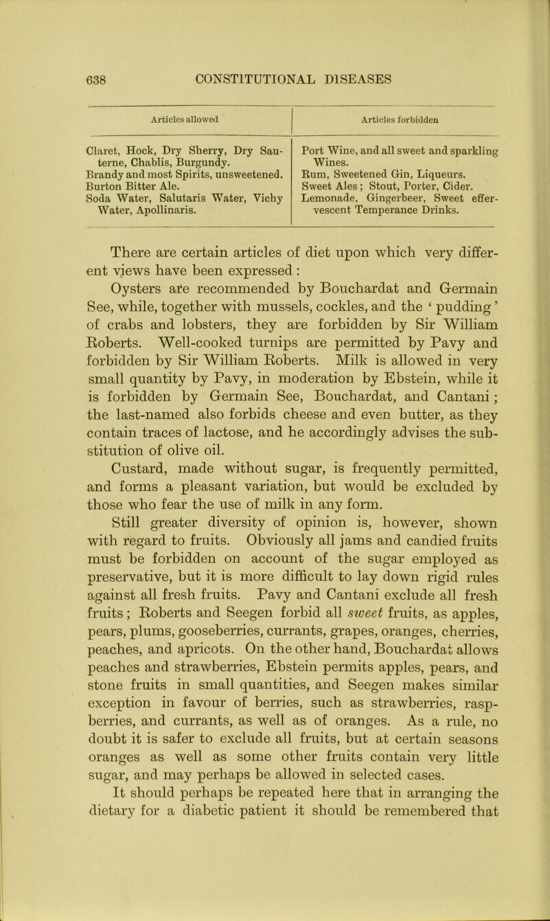 Ai’ticles allowed Articles forbidden Claret, Hock, Dry Sherry, Dry Sau- terne, Chablis, Burgundy. Brandy and most Spirits, unsweetened. Burton Bitter Ale. Soda Water, Salutaris Water, Vichy Water, Apollinaris. Port Wine, and all sweet and sparkling Wines. Bum, Sweetened Gin, Liqueurs. Sweet Ales ; Stout, Porter, Cider. Lemonade, Gingerbeer, Sweet effer- vescent Temperance Drinks. There are certain articles of diet upon which very differ- ent views have been expressed : Oysters are recommended by Bouchardat and Germain See, while, together with mussels, cockles, and the ‘ pudding ’ of crabs and lobsters, they are forbidden by Sir William Roberts. Well-cooked turnips are permitted by Pavy and forbidden by Sir William Roberts. Milk is allowed in very small quantity by Pavy, in moderation by Ebstein, while it is forbidden by Germain See, Bouchardat, and Cantani; the last-named also forbids cheese and even butter, as they contain traces of lactose, and he accordingly advises the sub- stitution of olive oil. Custard, made without sugar, is frequently permitted, and forms a pleasant variation, but would be excluded by those who fear the use of milk in any form. Still greater diversity of opinion is, however, shown with regard to fruits. Obviously all jams and candied fruits must be forbidden on account of the sugar employed as preservative, but it is more difficult to lay down rigid rules against all fresh fruits. Pavy and Cantani exclude all fresh fruits; Roberts and Seegen forbid all sweet fruits, as apples, pears, plums, gooseberries, currants, grapes, oranges, cherries, peaches, and apricots. On the other hand, Bouchardat allows peaches and strawberries, Ebstein permits apples, pears, and stone fruits in small quantities, and Seegen makes similar exception in favour of berries, such as strawberries, rasp- berries, and currants, as well as of oranges. As a rule, no doubt it is safer to exclude all fruits, but at certain seasons oranges as well as some other fruits contain very little sugar, and may perhaps be allowed in selected cases. It should perhaps be repeated here that in arranging the dietary for a diabetic patient it should be remembered that