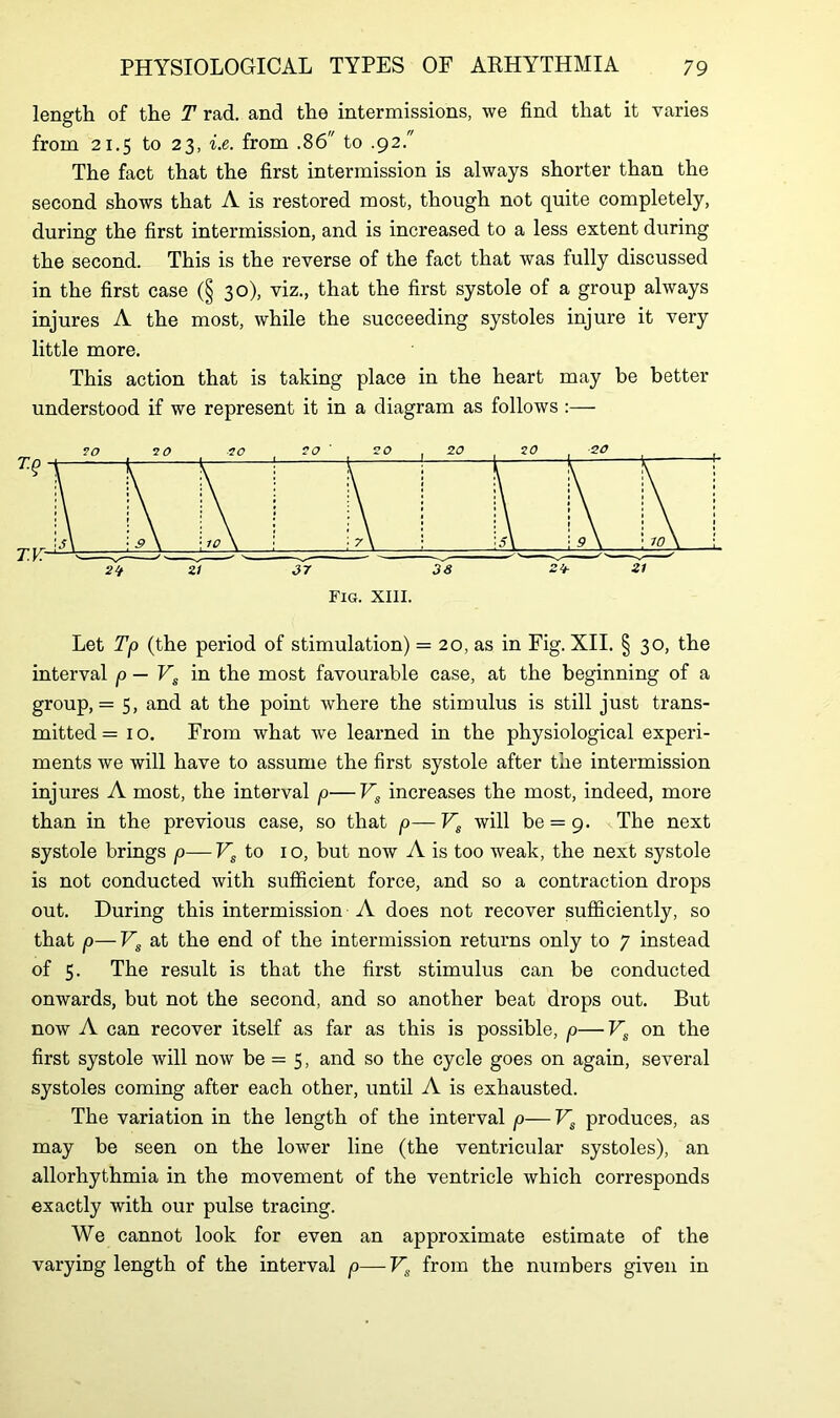 length of the T rad. and the intermissions, we find that it varies from 21.5 to 23, i.e. from .86 to .92. The fact that the first intermission is always shorter than the second shows that A is restored most, though not quite completely, during the first intermission, and is increased to a less extent during the second. This is the reverse of the fact that was fully discussed in the first case (§ 30), viz., that the first systole of a group always injures A the most, while the succeeding systoles injure it very little more. This action that is taking place in the heart may be better understood if we represent it in a diagram as follows :— 2/f 21 37 38 2b 21 Fig. XIII. Let Tp (the period of stimulation) = 20, as in Fig. XII. § 30, the interval p — Vs in the most favourable case, at the beginning of a group, = 5, and at the point where the stimulus is still just trans- mitted = 10. From what we learned in the physiological experi- ments we will have to assume the first systole after the intermission injures A most, the interval p—Vs increases the most, indeed, more than in the previous case, so that p—Vs will be — g. The next systole brings p— Vs to 1 o, but now A is too weak, the next systole is not conducted with sufficient force, and so a contraction drops out. During this intermission A does not recover sufficiently, so that p—Vs at the end of the intermission returns only to 7 instead of 5. The result is that the first stimulus can be conducted onwards, but not the second, and so another beat drops out. But now A can recover itself as far as this is possible, p—Vs on the first systole will now be = 5, and so the cycle goes on again, several systoles coming after each other, until A is exhausted. The variation in the length of the interval p—Vs produces, as may be seen on the lower line (the ventricular systoles), an allorhythmia in the movement of the ventricle which corresponds exactly with our pulse tracing. We cannot look for even an approximate estimate of the varying length of the interval p— Vs from the numbers given in