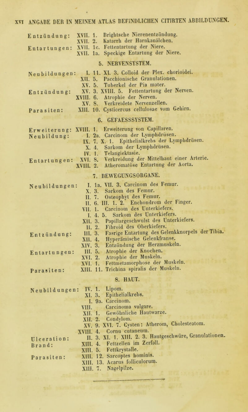 Entzündung: XVII. 1. Brightsche Nierenentzündung. XVII. 2. Katarrh der Harnkanälchen. Entartungen: XVII. lc. Fettentartung der Niere. XVII. la. Speckige Entartung der Niere. 5. NERVENSYSTEM. Neubildungen: I. 11. XI. 3. Colloid der Plex. chorioidei. XII. 5. Pacchionische Granulationen. XV. 5. Tuberkel der Pia mater. Entzündung: XV. 3. XVIII. 5. Fettentartung der Nerven. XVIII. 6. Atrophie der Nerven. XV. 8. Verkreidete Nervenzellen. Parasiten: XIII. 10. Cysticercus cellulosae vom Gehirn. 6. GEFAESSSYSTEM. Erweiterung: XVIII. 1. Erweiterung von Capillarcn. Neubildung: I. 2a. Carcinom der Lympbdrüsen. IX. 7. X. 1. Epithelialkrebs der Lympbdrüsen. X. 4. Sarkom der Lympbdrüsen. IV. 1. Telangiektasie. Entartungen: XVI. 8. Verkreidung der Mittelbaut einer Arterie. XVIII. 2. Atheromatüse Entartung der Aorta. 7. BEWEGUNGSORGANE. Neubildungen: Entzündung: Entartungen: Parasiten: I. la. VII. 3. Carcinom des Femur. X. 3. Sarkom des Femur. II. 7. Osteophyt des Femur. II. 6. III. 1. 2. Enchondrom der Finger. VII. 1. Carcinom des Unterkiefers. I. 4. 5. Sarkom des Unterkiefers. XII. 3. Papillargescbwulst des Unterkiefers. II. 2. Fibroid des Oberkiefers. III. 3. Fasrige Entartung des Gelenkknorpels der Tibia. XII. 4. Hyperämische Gelenkfranse. XIV. 3. Entzündung der Herzmuskeln. III. 5. Atrophie der Knochen. XVI. 2. Atrophie der Muskeln. XVI. 1. Fettmetamorphose der Muskeln. XIII. 11. Trichina spiralis der Muskeln. 8. HAUT. Neubildungen U1 c e r a t i o n : Brand: Parasiten: : IV. 1. Lipom. XL 3. Epithelialkrebs. I. 9a. Carcinom. VIII. Carcinoma vulgare. XII. 1. Gewöhnliche Hautwarze. XII. 2. Condylom. XV. 9. XVI. 7. Cysten: Atherom, Cholesteatom. XVIII. 4. Cornu cutaneum. II. 3. XL 1. XIII. 2. 3. Hautgeschwüre, Granulationen. XIII. 4. Fcttzellen im Zerfall. XIII. 5. Fettkrystallc. XIII. 12. Sarcoptes hominis. XIII. 13. Acarus folliculorum. XIII. 7. Nagelpilze.