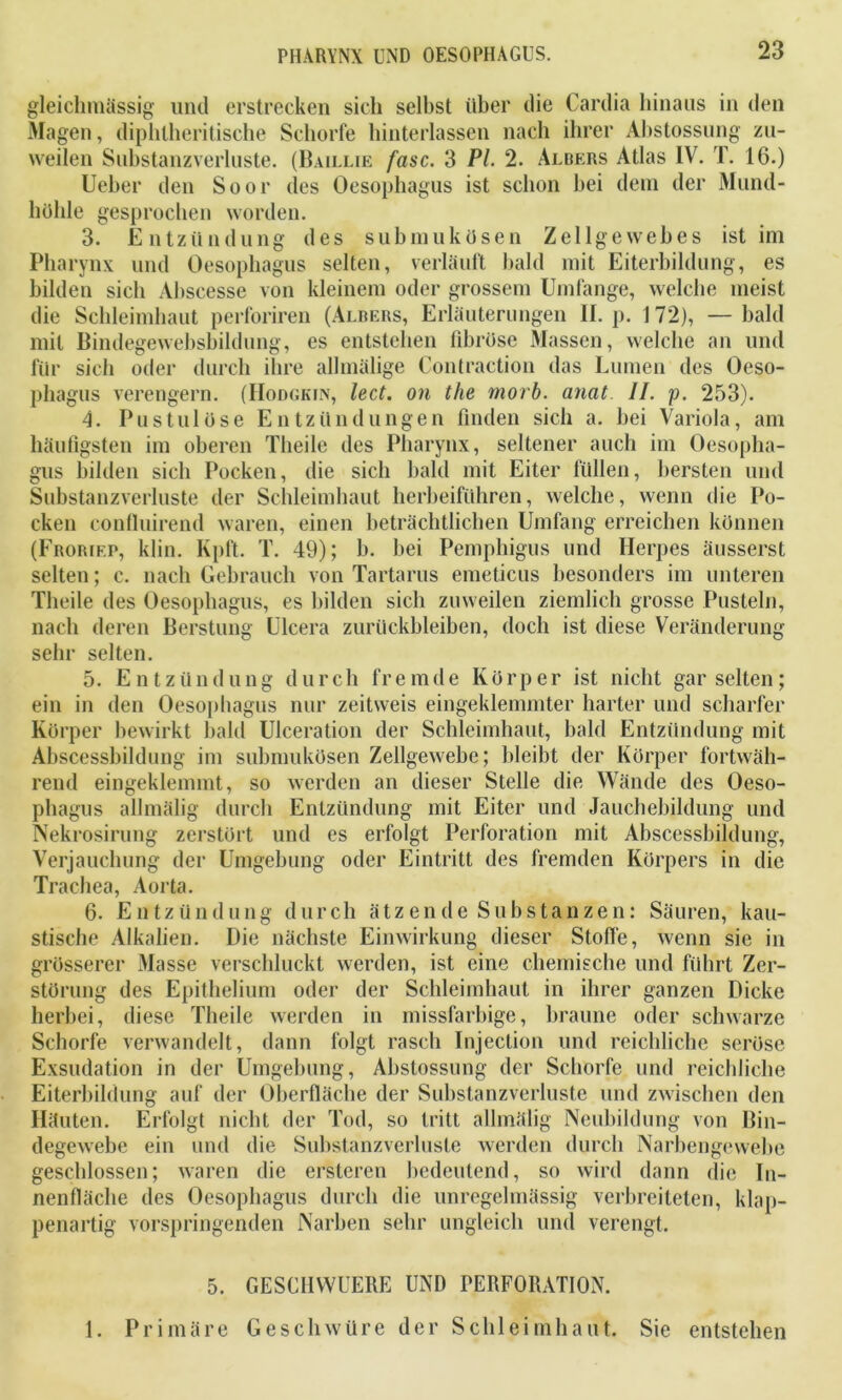 gleichmässig und erstrecken sich selbst über die Cardia hinaus in den Magen, diphtheritische Schorfe hinterlassen nach ihrer Abstossung zu- weilen Substanzverluste. (Baillie fase. 3 Pi 2. Alrers Atlas IV. T. 16.) Ueber den Soor des Oesophagus ist schon hei dem der Mund- höhle gesprochen worden. 3. Entzündung des submukösen Zellgewebes ist im Pharynx und Oesophagus selten, verläuft bald mit Eiterbildung, es bilden sich Abscesse von kleinem oder grossem Umfange, welche meist die Schleimhaut perforiren (Alrers, Erläuterungen 11. p. 172), — bald mit Bindegewebsbildung, es entstehen fibröse Massen, welche an und für sich oder durch ihre allmälige Contraction das Lumen des Oeso- phagus verengern. (Hodgkin, lect. on the morb. anat II. p. 253). 4. Pu st ul öse Entzündungen finden sich a. bei Variola, am häufigsten im oberen Theile des Pharynx, seltener auch im Oesopha- gus bilden sich Pocken, die sich bald mit Eiter füllen, bersten und Substanzverluste der Schleimhaut herbeiführen, welche, wenn die Po- cken confluirend waren, einen beträchtlichen Umfang erreichen können (Froriep, klin. Ivpft. T. 49); b. bei Pemphigus und Herpes äusserst selten; c. nach Gebrauch von Tartarus emeticus besonders im unteren Theile des Oesophagus, es bilden sich zuweilen ziemlich grosse Pusteln, nach deren Berstung Ulcera Zurückbleiben, doch ist diese Veränderung sehr selten. 5. Entzündung durch fremde Körper ist nicht gar selten; ein in den Oesophagus nur zeitweis eingeklemmter harter und scharfer Körper bewirkt bald Ulceration der Schleimhaut, bald Entzündung mit Abscessbildung im submukösen Zellgewebe; bleibt der Körper fortwäh- rend eingeklemmt, so werden an dieser Stelle die Wände des Oeso- phagus allmälig durch Entzündung mit Eiter und Jauchebildung und Nekrosirung zerstört und es erfolgt Perforation mit Abscessbildung, Verjauchung der Umgebung oder Eintritt des fremden Körpers in die Trachea, Aorta. 6. Entzündung durch ätzende Substanzen: Säuren, kau- stische Alkalien. Die nächste Einwirkung dieser Stoffe, wenn sie in grösserer Masse verschluckt werden, ist eine chemische und führt Zer- störung des Epithelium oder der Schleimhaut in ihrer ganzen Dicke herbei, diese Theile werden in missfarbige, braune oder schwarze Schorfe verwandelt, dann folgt rasch Injeclion und reichliche seröse Exsudation in der Umgebung, Abstossung der Schorfe und reichliche Eiterbildung auf der Oberfläche der Substanzverluste und zwischen den Häuten. Erfolgt nicht der Tod, so tritt allmälig Neubildung von Bin- degewebe ein und die Substanzverluste werden durch Narbengewebe geschlossen; waren die ersleren bedeutend, so wird dann die In- nenfläche des Oesophagus durch die unregelmässig verbreiteten, klap- penartig vorspringenden Narben sehr ungleich und verengt. 5. GESCHWUERE UND PERFORATION. 1. Primäre Geschwüre der Schleimhaut. Sie entstehen