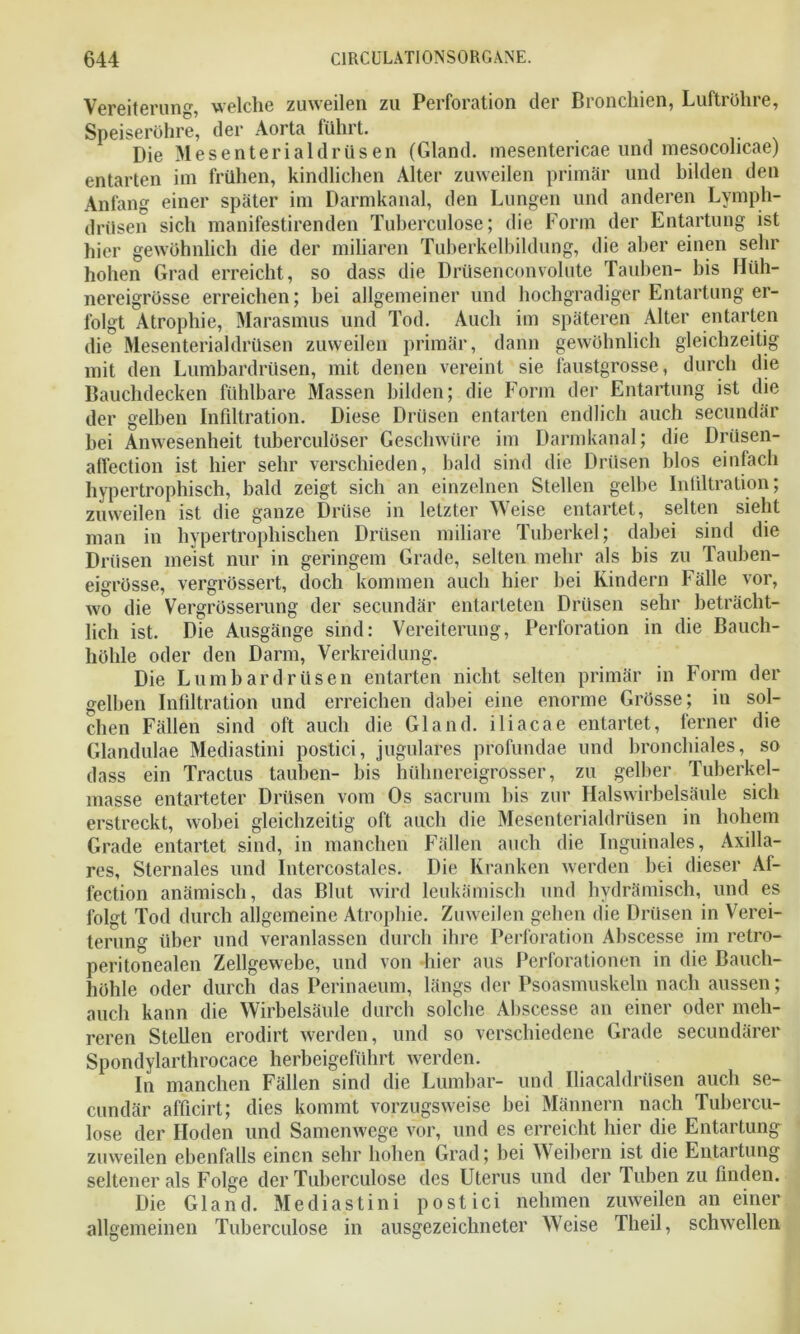 Vereiterung, welche zuweilen zu Perforation der Bronchien, Luftröhre, Speiseröhre, der Aorta führt. Die MesenterialdrUsen (Gland. mesentericae und mesocolicae) entarten im frühen, kindlichen Alter zuweilen primär und bilden den Anfang einer später im Darmkanal, den Lungen und anderen Lymph- drtlsen sich manifestirenden Tuberculose; die Form der Entartung ist hier gewöhnlich die der miliaren Tuberkelbildung, die aber einen sehr hohen Grad erreicht, so dass die Drüsenconvolute Tauben- bis Hüh- nereigrösse erreichen; bei allgemeiner und hochgradiger Entartung er- folgt Atrophie, Marasmus und Tod. Auch im späteren Alter entarten die Mesenterialdrüsen zuweilen primär, dann gewöhnlich gleichzeitig mit den Lumbardrüsen, mit denen vereint sie faustgrosse, durch die Bauchdecken fühlbare Massen bilden; die Form der Entartung ist die der gelben Infiltration. Diese Drüsen entarten endlich auch secundär bei Anwesenheit tuberculöser Geschwüre im Darmkanal; die Drüsen- affection ist hier sehr verschieden, bald sind die Drüsen blos einfach hypertrophisch, bald zeigt sich an einzelnen Stellen gelbe Infiltration; zuweilen ist die ganze Drüse in letzter Weise entartet, selten sieht man in hypertrophischen Drüsen miliare Tuberkel; dabei sind die Drüsen meist nur in geringem Grade, selten mehr als bis zu Tauben- eigrösse, vergrössert, doch kommen auch hier bei Kindern Fälle vor, wo die Vergrösserung der secundär entarteten Drüsen sehr beträcht- lich ist. Die Ausgänge sind: Vereiterung, Perforation in die Bauch- höhle oder den Darm, Verkreidung. Die Lumbardrüsen entarten nicht selten primär in Form der gelben Infiltration und erreichen dabei eine enorme Grösse; in sol- chen Fällen sind oft auch die Gland. iliacae entartet, ferner die Glandulae Mediastini postici, jugulares profundae und bronchiales, so dass ein Tractus tauben- bis hühnereigrosser, zu gelber Tuberkel- masse entarteter Drüsen vom Os sacrum bis zur Halswirbelsäule sich erstreckt, wobei gleichzeitig oft auch die Mesenterialdrüsen in hohem Grade entartet sind, in manchen Fällen auch die Inguinales, Axilla- res, Sternales und Intercostales. Die Kranken werden bei dieser Af- fection anämisch, das Blut wird leukämisch und hydrämisch, und es folgt Tod durch allgemeine Atrophie. Zuweilen gehen die Drüsen in Verei- terung über und veranlassen durch ihre Perforation Abscesse im retro- peritonealen Zellgewebe, und von hier aus Perforationen in die Bauch- höhle oder durch das Perinaeum, längs der Psoasmuskeln nach aussen; auch kann die Wirbelsäule durch solche Abscesse an einer oder meh- reren Stellen erodirt werden, und so verschiedene Grade secundärer Spondylarthrocace herbeigeführt werden. In manchen Fällen sind die Lumbar- und Iliacaldrüsen auch se- cundär afficirt; dies kommt vorzugsweise bei Männern nach Tubercu- lose der Hoden und Samenwege vor, und es erreicht hier die Entartung zuweilen ebenfalls einen sehr hohen Grad; bei Weibern ist die Entartung seltener als Folge der Tuberculose des Uterus und der Tuben zu finden. Die Gland. Mediastini postici nehmen zuweilen an einer allgemeinen Tuberculose in ausgezeichneter Weise Theil, schwellen