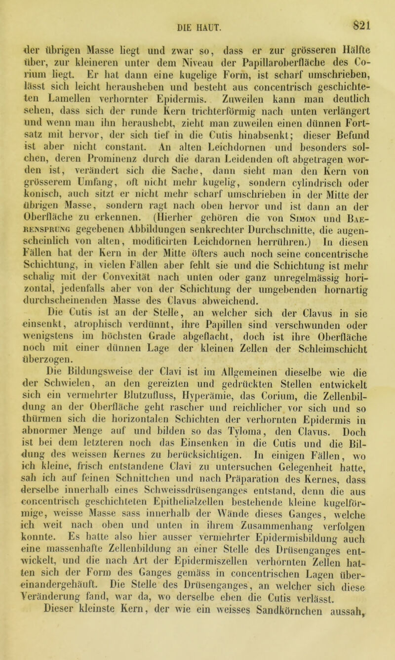 <ler übrigen Masse liegt und zwar so, dass er zur grösseren Hälfte über, zur kleineren unter deni Niveau der Papillaroberfläche des Co- rium liegt. Er hat dann eine kugelige Form, ist scharf umschrieben, lässt sich leicht herausheben und besteht aus concentrisch geschichte- ten Lamellen verhornter Epidermis. Zuweilen kann man deutlich sehen, dass sich der runde Kern trichterförmig nach unten verlängert und wenn man ihn heraushebt, zieht man zuweilen einen dünnen Fort- satz mit hervor, der sich tief in die Cutis hinabsenkt; dieser Befund ist aber nicht constant. An alten Leichdornen und besonders sol- chen, deren Prominenz durch die daran Leidenden oft abgetragen wor- den ist, verändert sich die Sache, dann sieht man den Kern von grösserem Umfang, oft nicht mehr kugelig, sondern cylindrisch oder konisch, auch sitzt er nicht mehr scharf umschrieben in der Mitte der übrigen Masse, sondern ragt nach oben hervor und ist dann an der Oberfläche zu erkennen. (Hierher gehören die von Simoin und Bae- rensprung gegebenen Abbildungen senkrechter Durchschnitte, die augen- scheinlich von alten, modiflcirlen Leichdornen herrühren.) In diesen Fällen hat der Kern in der Mitte öfters auch noch seine concentrisehe Schichtung, in vielen Fällen aber fehlt sie und die Schichtung ist mehr schalig mit der Convexität nach unten oder ganz unregelmässig hori- zontal, jedenfalls aber von der Schichtung der umgebenden hornartig durchscheinenden Masse des Clavus abweichend. Die Cutis ist an der Stelle, an welcher sich der Clavus in sie einsenkt, atrophisch verdünnt, ihre Papillen sind verschwunden oder wenigstens im höchsten Grade abgeflacht, doch ist ihre Oberfläche noch mit einer dünnen Lage der kleinen Zellen der Schleimschicht überzogen. Die Bildungsweise der Clavi ist im Allgemeinen dieselbe wie die der Schwielen, an den gereizten und gedrückten Stellen entwickelt sich ein vermehrter Blutzufluss, Hyperämie, das Corium, die Zellenbil- dung an der Oberfläche geht rascher und reichlicher vor sich und so thürmen sich die horizontalen Schichten der verhornten Epidermis in abnormer Menge auf und bilden so das Tyloina, den Clavus. Doch ist bei dem letzteren noch das Einsenken in die Cutis und die Bil- dung des weissen Kernes zu berücksichtigen. In einigen Fällen, wo ich kleine, frisch entstandene Clavi zu untersuchen Gelegenheit hatte, sah ich auf feinen Schnittchen und nach Präparation des Kernes, dass derselbe innerhalb eines Sehweissdrüsenganges entstand, denn die aus concentrisch geschichteten Epithelialzellen bestehende kleine kugelför- mige, weisse Masse sass innerhalb der Wände dieses Ganges, welche ich weit nach oben und unten in ihrem Zusammenhang verfolgen konnte. Es hatte also hier ausser vermehrter Epidermisbildung auch eine massenhafte Zellenbildung an einer Stelle des Drüsenganges ent- wickelt, und die nach Art der Epidermiszellen verhornten Zellen hat- ten sich der Form des Ganges gemäss in concentrischen Lagen über- einandergehäuft. Die Stelle des Drüsenganges, an welcher sich diese Veränderung fand, war da, wo derselbe eben die Cutis verlässt. Dieser kleinste Kern, der wie ein weisses Sandkörnchen aussah,