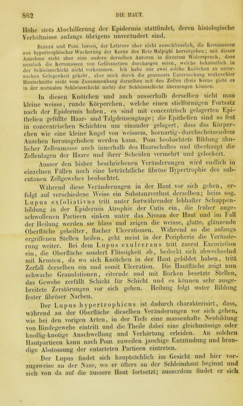 Hohe stets Abschilferung der Epidermis stattfindet, deren histologische Verhältnisse anfangs übrigens unverändert sind. Berger und Pohl lassen, der Lelzlere aber nicht ausschliesslich, die Kernmassen aus hypertrophischer Wucherung der Kerne des Rete Malpighi hervorgehen; mit dieser Annahme steht aber eine andere derselben Autoren in directem Widerspruch, dass nemlich die Kernmassen von Gefassnclzen durchzogen seien, welche bekanntlich in der Schleimschicht nicht Vorkommen. Ich habe nur zwei solche Knötchen zu unter- suchen Gelegenheit gehabt, aber mich durch die genaueste Untersuchung senkrechter Hautschnitte nicht vom Zusammenhang derselben mit den Zellen (freie Kerne giebt es in der normalen Schleimschicht nicht) der Schleimschicht überzeugen können. In diesen Knötchen und auch ausserhalb derselben sieht man kleine weisse, runde Körperchen, welche einen stiellörmigen bortsatz nach der Epidermis haben, es sind mit concentrisch gelagerten Epi- thelien gefüllte Haar- und Talgdrüsengänge; die Epithelien sind so fest in concentrischen Schichten um einander gelagert, dass das Körper- chen wie eine kleine Kugel von weissem, hornartig-durchscheinendem Ansehen herausgehoben werden kann. Pohl beobachtete Bildung ähn- licher Zellenmasse auch innerhalb des Haarschaftes und überhaupt die Zellenlagen der Haare und ihrer Scheiden vermehrt und gelockert. Ausser den bisher beschriebenen Veränderungen wird endlich in einzelnen Fällen noch eine beträchtliche fibröse Hypertrophie des sub- cutanen Zellgewebes beobachtet. Während diese Veränderungen in der Haut vor sich gehen, er- folgt auf verschiedene Weise ein Substanzverlust derselben; beim sog. Lupus exfoliativus tritt unter fortwährender lebhafter Schuppen- bildung in der Epidermis Atrophie der Cutis ein, die früher ange- schwollenen Partieen sinken unter das Niveau der Haut und im I all der Heilung werden sie blass und zeigen die weisse, glatte, glänzende Oberfläche geheilter, flacher Ulcerationen. Während so die anfangs ergriffenen Stellen heilen, geht meist in der Peripherie die Verände- runri' weiter. Bei dem Lupus exu leer ans tritt zueist Excoiiation einT die Oberfläche sondert Flüssigkeit ab, bedeckt sich abwechselnd mit Krusten, da wo sich Knötchen in der Haut gebildet haben, tritt Zerfall derselben ein und somit Ulceration. Die Ilautfläche zeigt nun schwache Granulationen, eiternde und mit Borken besetzte Stellen, das Gewebe zerfällt Schicht für Schicht und es können sehr ausge- breitete Zerstörungen vor sich gehen. Heilung folgt unter Bildung fester fibröser Narben. Der Lupus hypertrophicus ist dadurch charaklerisirt, dass, während an der Oberfläche dieselben Veränderungen vor sich gehen, wie bei den vorigen Arten, in der Tiefe eine massenhafte Neubildung von Bindegewebe eintritt und die Theile dabei eine gleichmässige oder knollig-knotige Anschwellung und Verhärtung erleiden. An solchen Hautpartieen kann nach Pohl zuweilen jauchige Entzündung und bran- dige Abstossung der entarteten Partieen eintrelen. Der Lupus findet sich hauptsächlich im Gesicht und hier vor- zugsweise an der Nase, wo er öfters an der Schleimhaut beginnt und sich von da auf die äussere Haut fortsetzt; ausserdem findet er sich