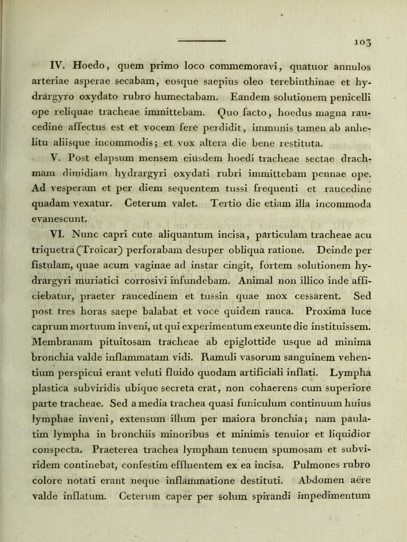 IV. Hoedo, quem primo loco commemoravi, quatuor annulos arteriae asperae secabam, eosque saepius oleo terebinthinae et hy- drargyro oxydato rubro humectabam. Eandem solutionem penicelli ope reliquae tracheae immittebam. Quo facto, hoedus magna rau- cedine affectus est et vocem fere perdidit, immunis tamen ab anhe- litu aliisque incommodis; et vox altera die bene restituta. V. Post elapsum mensem eiusdem hoedi tracheae sectae drach- mam dimidiam hydrargyri oxydati rubri immittebam pennae ope. Ad vesperam et per diem sequentem tussi frequenti et raucedine quadam vexatur. Ceterum valet. Tertio die etiam illa incommoda evanescunt. VI. Nunc capri cute aliquantum incisa, particulam tracheae acu triquetra (Troicar) perforabam desuper obliqua ratione. Deinde per fistulam, quae acum vaginae ad instar cingit, fortem solutionem hy- drargyri muriatici corrosivi infundebam. Animal non illico inde affi- ciebatur, praeter raucedinem et tussin quae mox cessarent. Sed post tres horas saepe balabat et voce quidem rauca. Proxima luce caprum mortuum inveni, ut qui experimentum exeunte die instituissem. Membranam pituitosam tracheae ab epiglottide usque ad minima bronchia valde inflammatam vidi. Ramuli vasorum sanguinem vehen- tium perspicui erant veluti fluido quodam artificiali inflati. Lympha plastica subviridis ubique secreta erat, non cohaerens cum superiore parte tracheae. Sed a media trachea quasi funiculum continuum huius lymphae inveni, extensum illum per maiora bronchia; nam paula- tim lympha in bronchiis minoribus et minimis tenuior et liquidior conspecta. Praeterea trachea lympham tenuem spumosam et subvi- ridem continebat, confestim effluentem ex ea incisa. Pulmones rubro colore notati erant neque inflammatione destituti. Abdomen aere valde inflatum. Ceterum caper per solum spirandi impedimentum