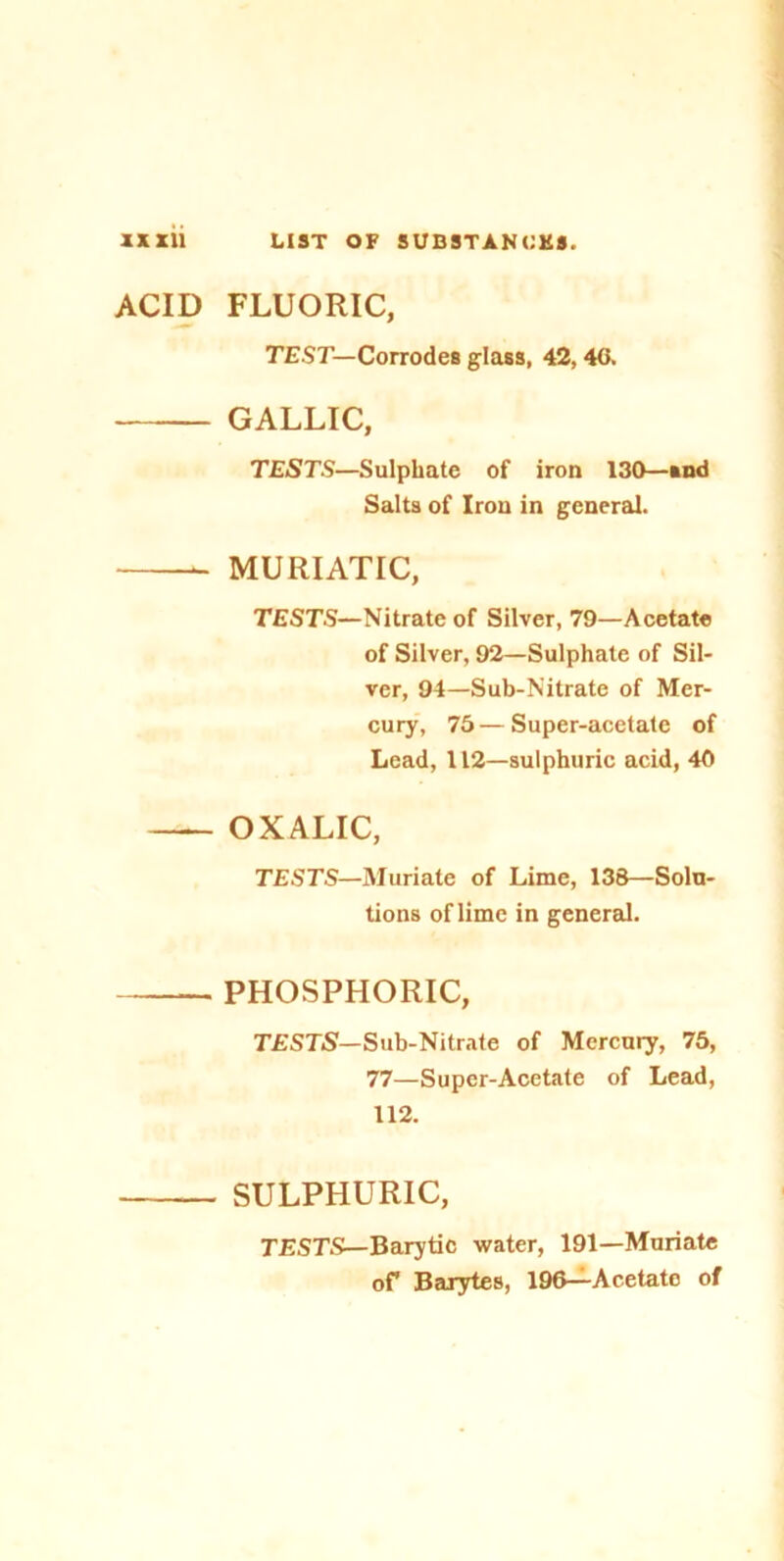 ACID FLUORIC, TEST— Corrodes glass, 42,40. GALLIC, TESTS—Sulphate of iron 130—and Salts of Irou in general. MURIATIC, TESTS—Nitrate of Silver, 79—Acetate of Silver, 92—Sulphate of Sil- ver, 94—Sub-Nitrate of Mer- cury, 75 — Super-acetate of Lead, 112—sulphuric acid, 40 OXALIC, TESTS—Muriate of Lime, 138—Solu- tions of lime in general. PHOSPHORIC, TESTS— Sub-Nitrate of Mercury, 75, 77—Super-Acetate of Lead, 112. — SULPHURIC, TESTS— Barytic water, 191—Muriate of Barytes, 190—Acetate of