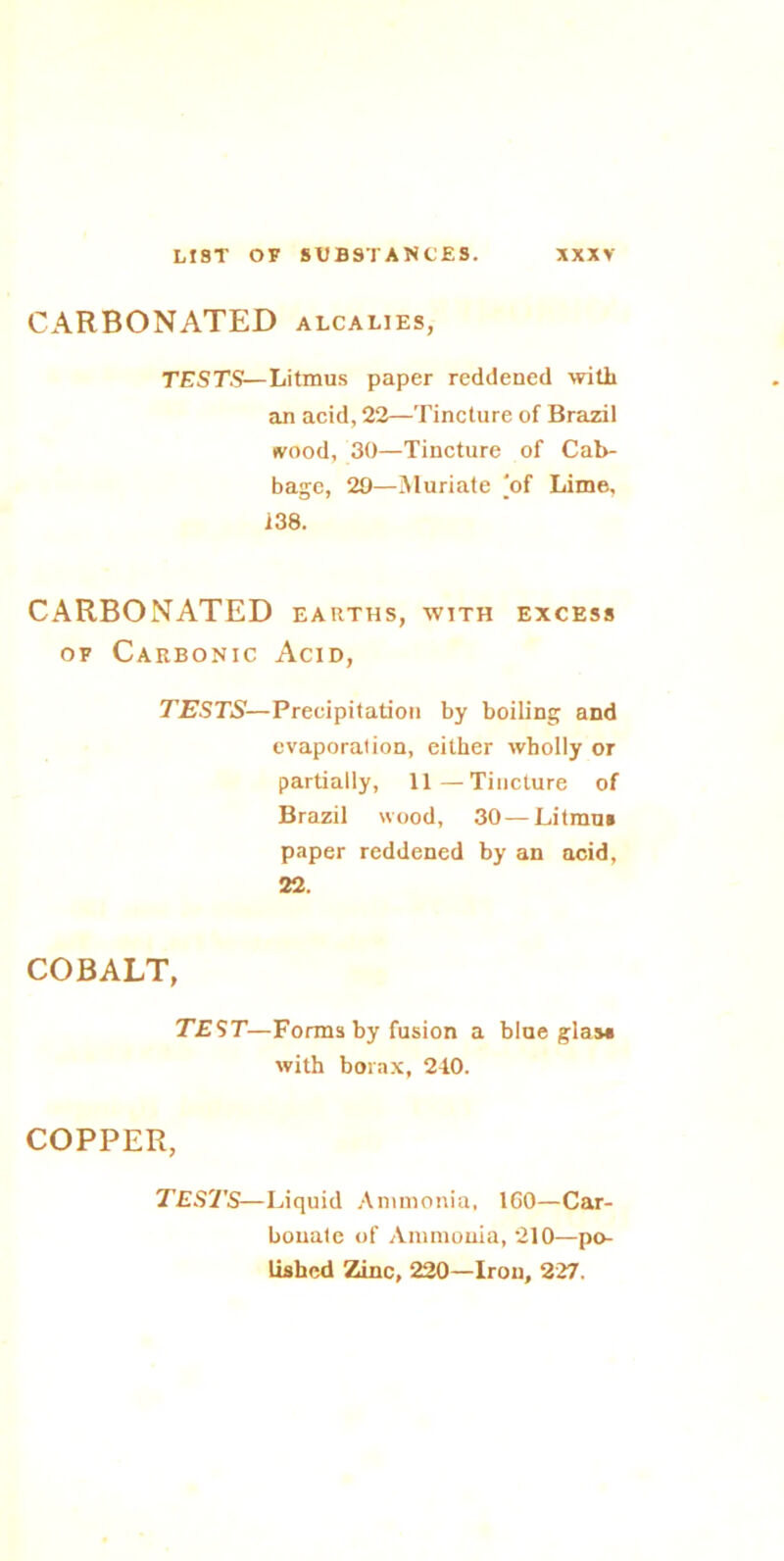 CARBONATED alcalies, TESTS—Litmus paper reddened with an acid, 22—Tincture of Brazil wood, 30—Tincture of Cab- bage, 29—Muriate ‘of Lime, 138. CARBONATED earths, with excess of Carbonic Acid, TESTS—Precipitation by boiling and evaporation, either wholly or partially, 11—Tincture of Brazil wood, 30—Litmus paper reddened by an acid, 22. COBALT, TEST—Forma by fusion a blue glass with borax, 240. COPPER, TESTS—Liquid Ammonia, 1G0—Car- bonate of Ammonia, 210—po- lished Zinc, 220—Iron, 227.