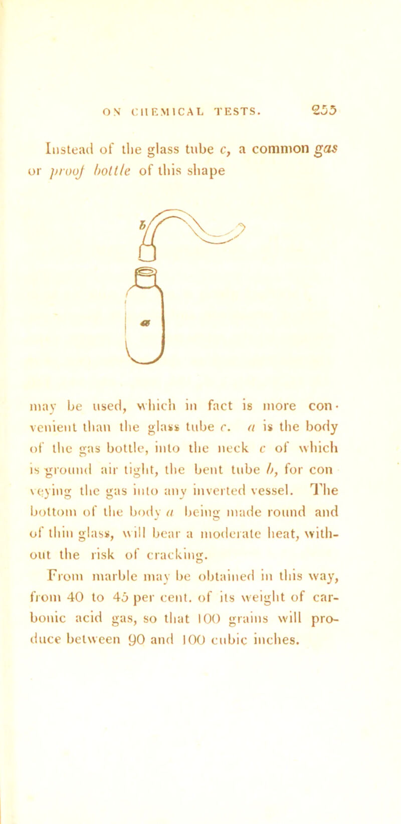 Instead of the glass tube c, a common gas or proof bottle of this shape A 48 u may be used, which in fact is more con • venient than the glass tube c. a is the body of the gas bottle, into the neck c of which is ground air tight, the bent tube b, for con veying the gas into any inverted vessel. The bottom of the body a being made round and of thin glass, will bear a moderate heat, with- out the risk of cracking. From marble may be obtained in this way, from 40 to 45 per cent, of its weight of car- bonic acid gas, so that 100 grains will pro- duce between 90 and 100 cubic inches.