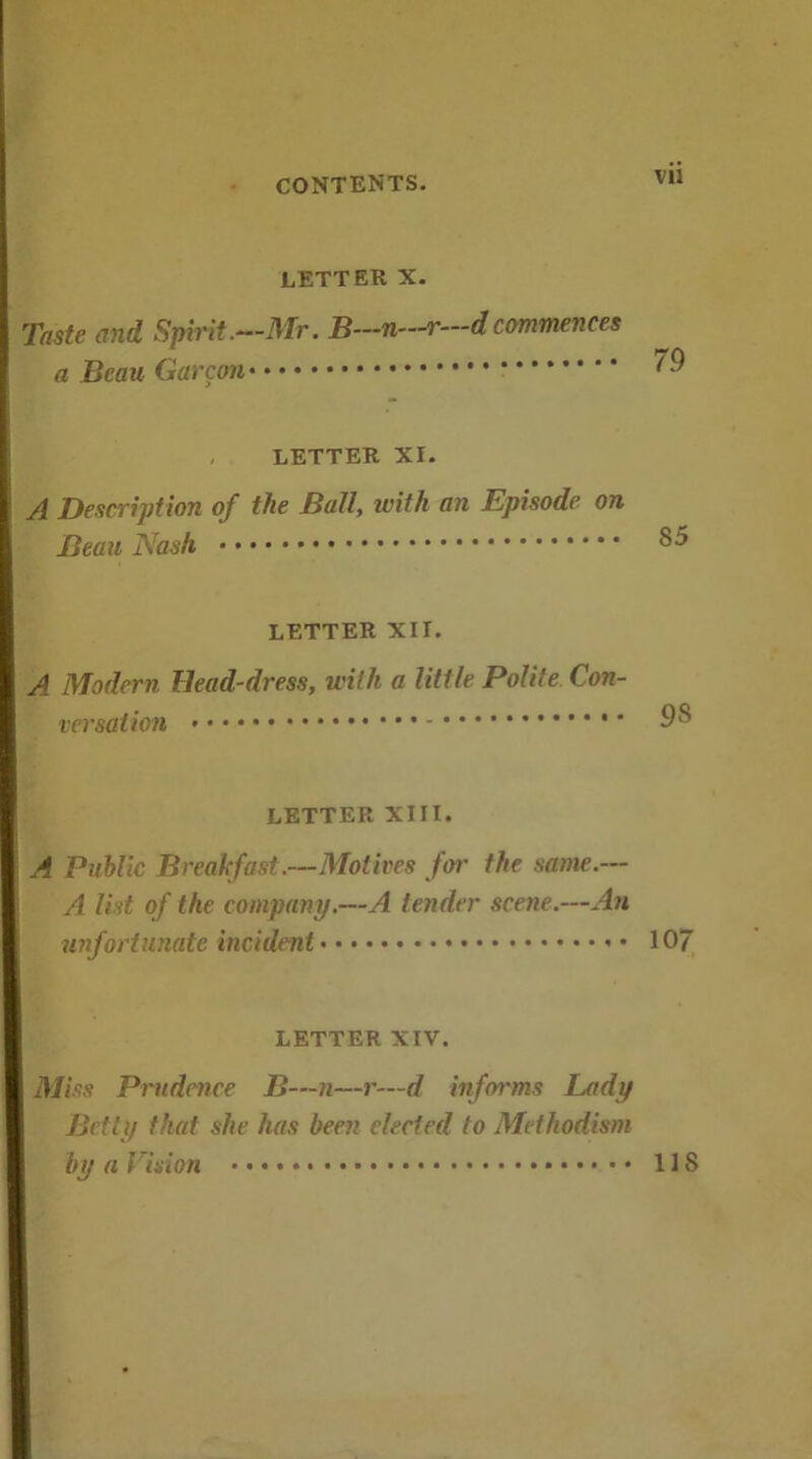 LETTER X- Taste and Spirit.—Mr. B-n-^—dcommences a Beau Gar con I , LETTER XI. I A Description of the Ball, with an Episode on Beau Nash LETTER XII. t A Modern Head-dress, with a little Polite Con- versation k letter XIII. ? A Public Breakfast.—Motives fo7- the same.— A list of the company.—A tender scene.—An i unfortunate incident • ! letter XIV. Miss Prudence B—7i—r—d informs Lady Betty that she has been elected to Methodism by a Vision vii 79 85 98 lor 118