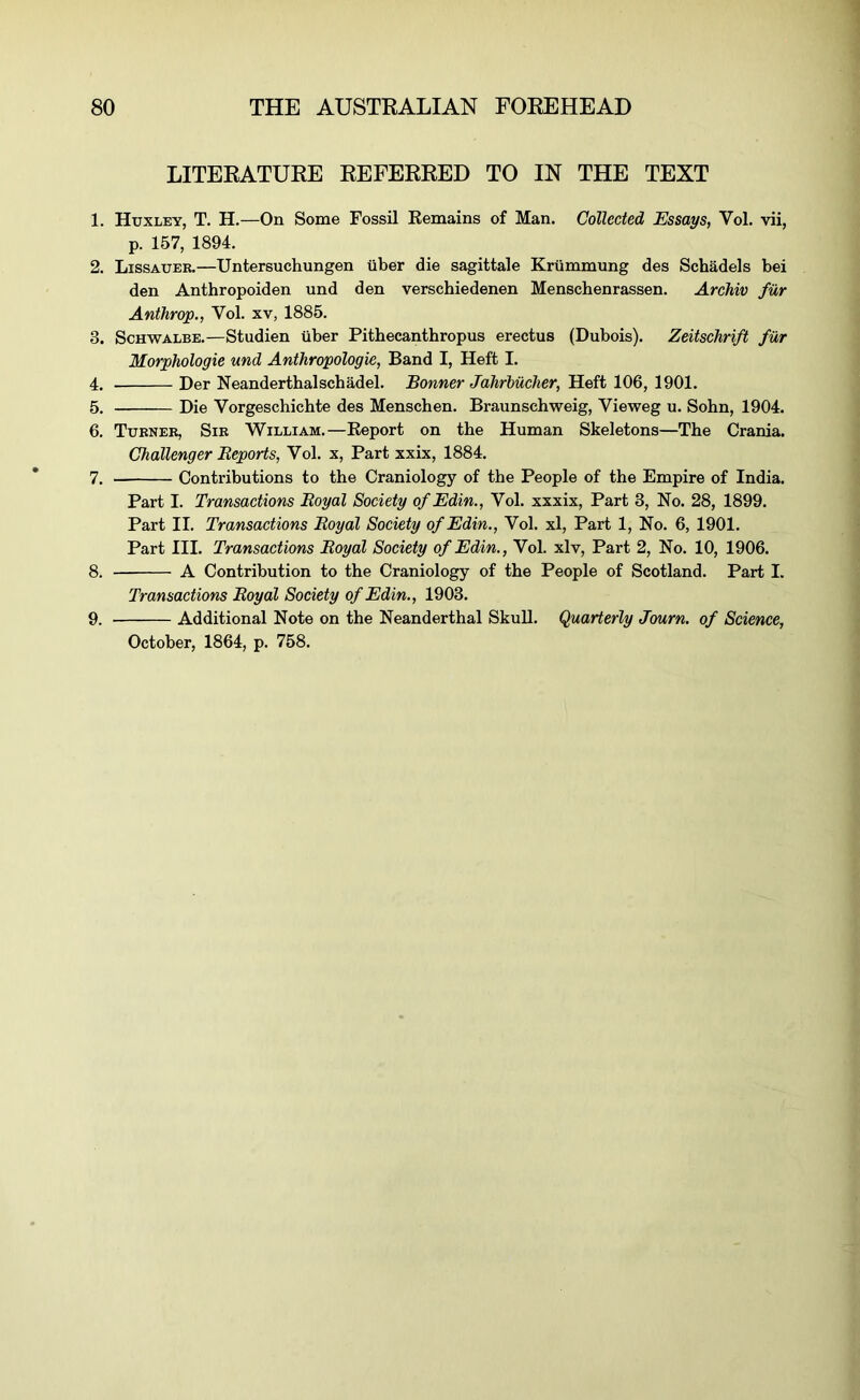 LITERATURE REFERRED TO IN THE TEXT 1. Huxley, T. H.—On Some Fossil Kemains of Man. Collected Essays, Vol. vii, p. 157, 1894. 2. Lissauer.—Untersuchungen iiber die sagittale Krtimmung des Schadels bei den Anthropoiden und den verschiedenen Menschenrassen. Archiv fur Anthrop., Vol. xv, 1885. 3. Schwalbe.—Studien iiber Pithecanthropus erectus (Dubois). Zeitschrift fur Morphologic und Anthropologic, Band I, Heft I. 4. Der Neanderthalschadel. Bonner Jahrhucher, Heft 106, 1901. 5. Die Vorgeschichte des Menschen. Braunschweig, Vieweg u. Sohn, 1904. 6. Turner, Sir William.—Eeport on the Human Skeletons—The Crania. Challenger Reports, Vol. x. Part xxix, 1884. 7. Contributions to the Craniology of the People of the Empire of India. Part I. Transactions Royal Society of Edin., Vol. xxxix. Part 3, No. 28, 1899. Part II. Transactions Royal Society of Edin., Vol. xl. Part 1, No. 6, 1901. Part III. Transactions Royal Society of Edin., Vol. xlv. Part 2, No. 10, 1906. 8. A Contribution to the Craniology of the People of Scotland. Part I. Transactions Royal Society of Edin., 1903. 9. Additional Note on the Neanderthal Skull. Quarterly Jmrn. of Science, October, 1864, p. 758.