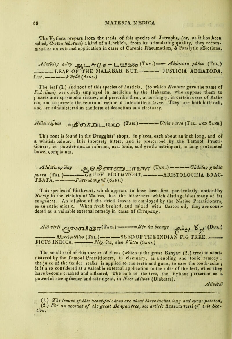 The Vytians prepare from the seeds of this species of Jatropha, (or, as it has been called, Croton lobutu/n) a kind of oil, which, from its stimulating quality, they recom- lucud as an external application in cases of Chronic Rheumatism, & Paralytic affeciions. e'ilcy ^L-.n-C5in* k-LLS£;C\5 Addasara yahoo (Tel.) LEAF oFi'he Malabar ^'UT. justicia adhatoda; Lin. ————Vacha (Sans ) The leaf (1.) and root of this species of Justicia, (to which Revinus gave the name of Idtbdl'iuvi), are chie6y employed in medicine by the Hakeems, who suppose them to possess anii-spasmodic virtues, and prescribe them, accordingly, in certain cases of Asth« tna, and to prevent the return of rigour in iotermilteiu fever. They are both bitterish, and are administered in the form of decoction and electuary. Adievedyum ffi[ »-W,p (Tam )—— Uttie vussa (Tel. and Sans.) This root is found in the Druggists’ shops, in pieces, each about an inch long, and of a whitish colour. It is intensely bitter, and is |irescrihed by the Taraool Practi< tioners, in' powder and in infusion, as a tonic, and gentle astringent, in long protracted bowel complaints. Addutinapatay (Tam.) Gadiday gudda purra (Tel.) i^AUDY BlUTtlWORT. ARISTOLOCMIA BRAC- TEATA.—«— ’ -■Pattrabung/id (Sans.) This species of Birthwort, which appears to have been 6rst particularly noticed by in the vicinity of Madras, has the bitterness which distinguishes many of its congeners. An infusion of the dried leaves is employed by the Native Practitioners, as an anthelmintic. When fresli bruised, and mixed with Castor oil, they are cousi« dered as a valuable external remedy in cases of C'lrapang, Aidvt'rei Bit ka beenge ^ ^Murrivittiloo (Tel.) SEEDOF THE INDIAN FIG TREE. — FICUS INDICA. ' ■ ^IVegfota, also Vatta (Sans.) The small seed of this species of Ficus (which is the great Banyan (2.) tree) is admi* nistered by the Tamool Practitioners, in electuary, as a cooling and tonic remedy : the juice of the tender stalks is applied to the teeth and gums, to ease the tooth-ache ; it is also considered as a valuable external ap)>lication to the soles of the feet, when they have become cracked and inflamed. The ha<k of tlie tree, the Vytians prescribe as a powerful streiigtbener and astringent, in /Vter Altvoo (Diabetes). Aliverti (I.) The leaves of this beautiful shrub are about three inches taiij and spea' pointed, (2.) For an account of the great Banyan tree, see article Arasum verei of this Sec- tion,