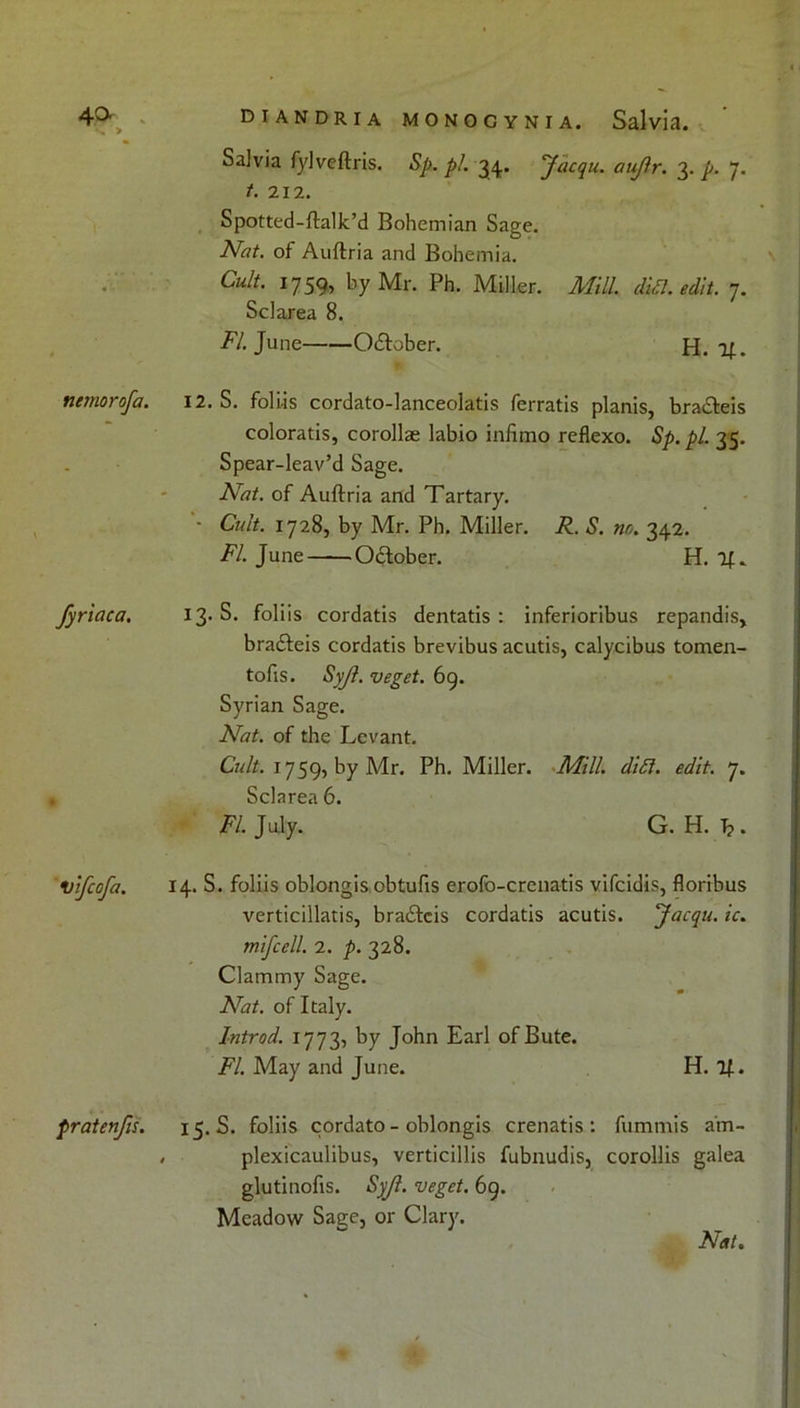 Salvia fylveftris. Sp. pi. 34. Jacqu. aujlr. 3. p. 7. t. 212. Spotted-ftalk’d Bohemian Sage. Nat. of Auftria and Bohemia. Cult. 1759, by Mr. Ph. Miller. Mill. did. edit. 7. Sclarea 8. Fl. June October. H. if., ncmorofa. 12. S. foli-is cordato-lanceolatis ferratis planis, bra&eis coloratis, corollae labio infimo reflexo. Sp. pi. 35. Spear-leav’d Sage. Nat. of Auftria and Tartary. - Cult. 1728, by Mr. Ph. Miller. R. S. nr,. 342. Fl. June Odtober. H. if. fyriaca. 13- S. foliis cordatis dentatis : inferioribus repandis, bra&eis cordatis brevibus acutis, calycibus tomen- tofis. Syjl. veget. 69. Syrian Sage. Nat. of the Levant. Cult. 1759, by Mr. Ph. Miller. Mill. din. edit. 7. , Sclarea 6. Fl July. G. H. T?. vifcofa. 14. S. foliis oblongis obtufis erofo-crenatis vifcidis, floribus verticillatis, braiftcis cordatis acutis. 'Jacqu. ic. mifcell. 2. p. 328. Clammy Sage. Nat. of Italy. Introd. 1773, by John Earl of Bute. Fl. May and June. H. If. fratenfis. 15. S. foliis cordato - oblongis crenatis : fummis am- , plexicaulibus, verticillis fubnudis, corollis galea glutinofis. Syjl. veget. 69. Meadow Sage, or Clary. Nat.