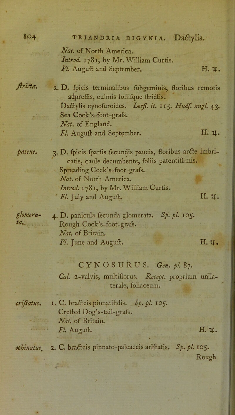 JlriRa. patens. glomera- ta. crijlatus. »chinatus% Nat. of North America. Introd. 1781, by Mr. William Curtis. Fl. Auguft and September. H. If. 2. D. fpicis terminalibus fubgeminis, floribus remotis adpreflis, culmis foliifque ftridtis. Dadtylis cynofuroides. Loejl. it. 115. Hudf. angl. 43. Sea Cock’s-foot-grafs. Nat. of England. Fl. Auguft and September. H. if. I 3. D. fpicis fparfis fecundis paucis, floribus arcfte imbri- catis, caule decumbente, foliis patentiflimis. Spreading Cock’s-foot-grafs. Nat. of North America. Introd. 1781, by Mr. William Curtis. ' Fl. July and Auguft. H. If. 4. D. panicula fecunda glomerata. Sp. pi. 105. Rough Cock’s-foot-grafs. Nat. of Britain. Fl. June and Auguft. H. If. CYNOSURUS. Gen. pi. 87. Cal. 2-valvis, multiflorus. Recept. proprium unila- teral, foliaceum. 1. C. brafteis pinnatifidis. Sp. pi. 105. Crefted Dog’s-tail-grafs. Nat. of Britain. Fl. Auguft. H. if. 2. C. bracteis pinnato-paleaceis ariftatis. Sp. pi. 105. Rough /