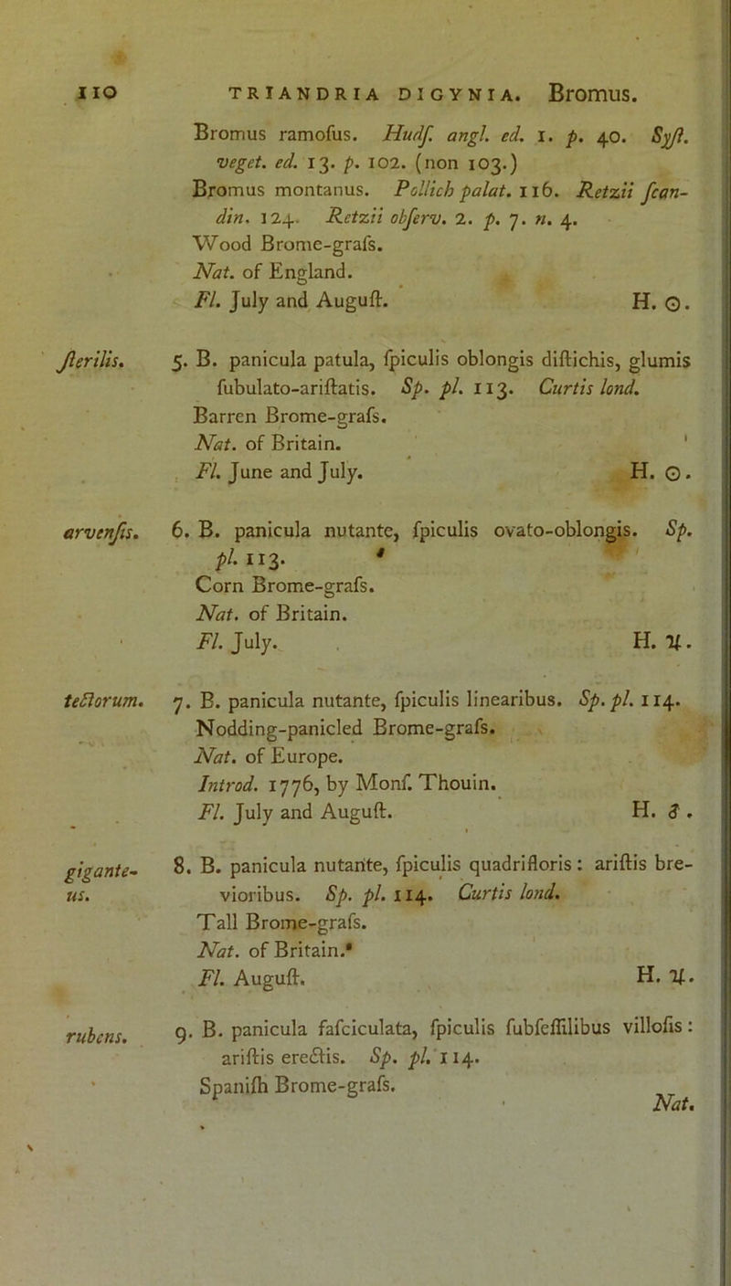 Jlerilis. arvcnfis. teRorum. gigante- us. rubcns. Bromus ramofus. Hudf. angl. ed. I. p. 40. Syjl. veget. ed. 13. p. 102. (non 103.) Bromus montanus. Pollich palat. 116. Retxii fcart- din. 124. Retzii obferv. 2. p. 7. n. 4. Wood Brome-grafs. Nat. of England. FI. July and Auguft. H. G- 5. B. panicula patula, fpiculis oblongis diftichis, glumis fubulato-ariftatis. Sp. pi. 113. Curtis land. Barren Brome-grafs. Nat. of Britain. FI. June and July. H. Q. 6. B. panicula nutante, fpiculis ovato-oblongis. Sp. pi. H3- * Corn Brome-grafs. Nat. of Britain. FI. July. H. If. 7. B. panicula nutante, fpiculis linearibus. Sp.pl. 114. Nodding-panicled Brome-grafs. Nat. of Europe. Introd. 1776, by Monf. Thouin. FI. July and Auguft. H. <J . 8. B. panicula nutante, fpiculis quadrifloris: ariftis bre- vioribus. Sp. pi. 114. Curtis land. Tall Brome-grafs. Nat. of Britain.* FI. Auguft. H. g, B. panicula fafciculata, fpiculis fubfeflilibus villofis: ariftis ereddis. Sp. pi. 114. Spanifh Brome-grafs.