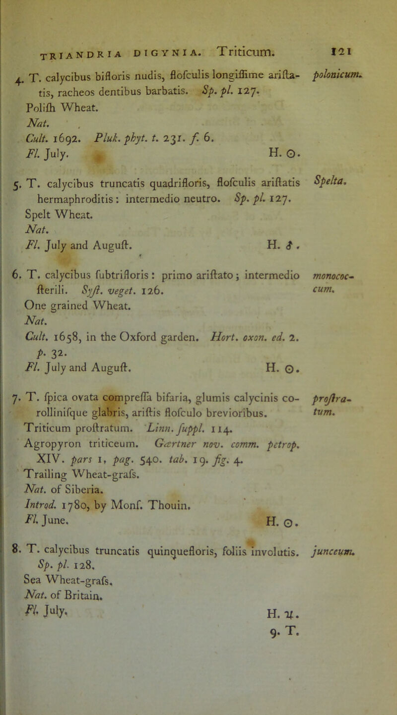 d i g y n i a. Triticum. I'll TRIANDRIA 4. T. calycibus bifloris nudis, flofculis longiflime arifta- tis, racheos dentibus barbatis. Sp. pi. 127. Poli£h Wheat. Nat. Cult. 1692. Pluk. phyt. t. 221. f. 6. FI. July. A H. ©. 5. T. calycibus truncatis quadrifloris, flofculis ariftatis hermaphroditis : intermedio neutro. Sp. pi. 127. Spelt Wheat. Nat. FI. July and Auguft. H. $ . jf 6. T. calycibus fubtrifloris: primo ariftato; intermedio fterili. Syji. veget. 126. One grained Wheat. Nat. Cult. 1658, in the Oxford garden. Hart. oxon. ed. 2. p. 32. FI. July and Auguft. H. ©. 7. T. fpica ovata comprefla bifaria, glumis calycinis co- rollinifque glabris, ariftis flofculo brevioribus. Triticum proftratum. Linn, fuppl. 114. Agropyron triticeum. Gartner nov. comm, pctrop. XIV. pars 1, pag. 540. tab. 19 .Jig. 4. Trailing Wheat-grafs. Nat. of Siberia. Introd. 1780, by Monf. Thouin. FI. June. H. ©. 8. T. calycibus truncatis quinquefloris, foliis involutis. Sp. pi. 128. Sea Wheat-grafs. Nat. of Britain. ft* July. polonicum. Spelta. monococ- cum. projira- turn. junceunu