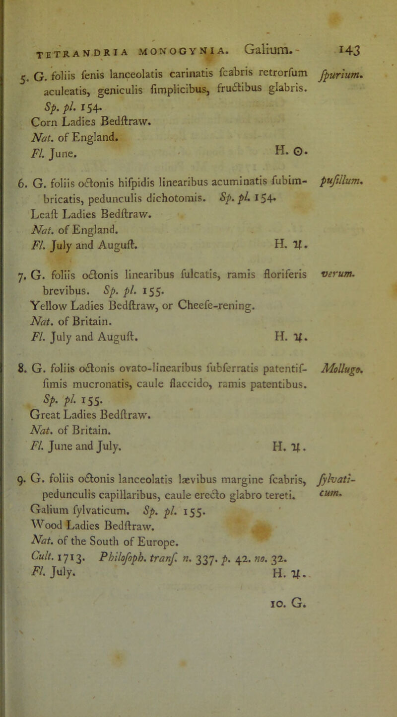 5. G. foliis fenis lanceolatis carinatis fcabris retrorfum aculeatis, geniculis fimplicibus, frudtibus glabris. Sp. pi. 154. Corn Ladies Bedftraw. Nat. of England. FI. June. H. O* 6. G. foliis oftonis hifpidis linearibus acuminatis fubim- bricatis, pedunculis dichotomis. Sp. pi. 154. Leaft Ladies Bedftraw. Nat. of England. FI. July and Auguft. H. 1J. 7. G. foliis odlonis linearibus fulcatis, ramis floriferis brevibus. Sp. pi. 155. Yellow Ladies Bedftraw, or Cheefe-rening. Nat. of Britain. Fl. July and Auguft. H. 1{. 8. G. foliis oftonis ovato-linearibus fubferratis patentif- fimis mucronatis, caule flaccido, ramis patentibus. Sp. pi. 155. Great Ladies Bedftraw. Nat. of Britain. Fl. June and July. H. 11. 9. G. foliis o£tonis lanceolatis laevibus margine fcabris, pedunculis capillaribus, caule erecto glabro tereti. Galium fylvaticum. Sp. pi. 155. Wood Ladies Bedftraw. Nat. of the South of Europe. Cult. 1713. Pbilofoph. tranf. n. 337. p. 42. no. 32. July. H. U. fpurium. pufillum. veyum. Mollugo. fylvati- cum. 10. G.